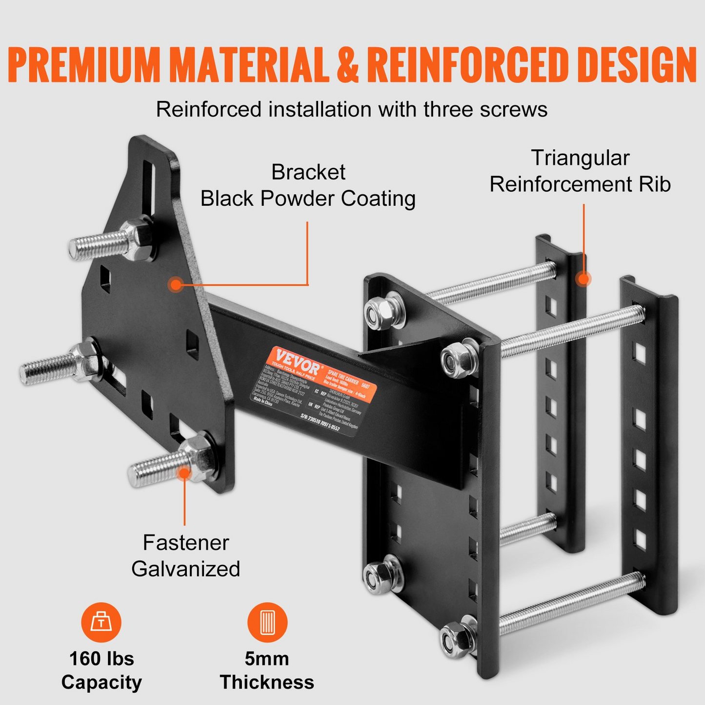 VEVOR Spare Tire Carrier, Trailer Spare Tire Mount, 72.6 kg Capacity, Utility Trailer Accessories Fits Most 4 & 5 & 6 & 8 Lugs Wheels on 10.2 cm, 10.8 cm, 11.4 cm, 12.1 cm, 12.7 cm, 14 cm, 15.2 cm, 16.5 cm Bolt Patterns