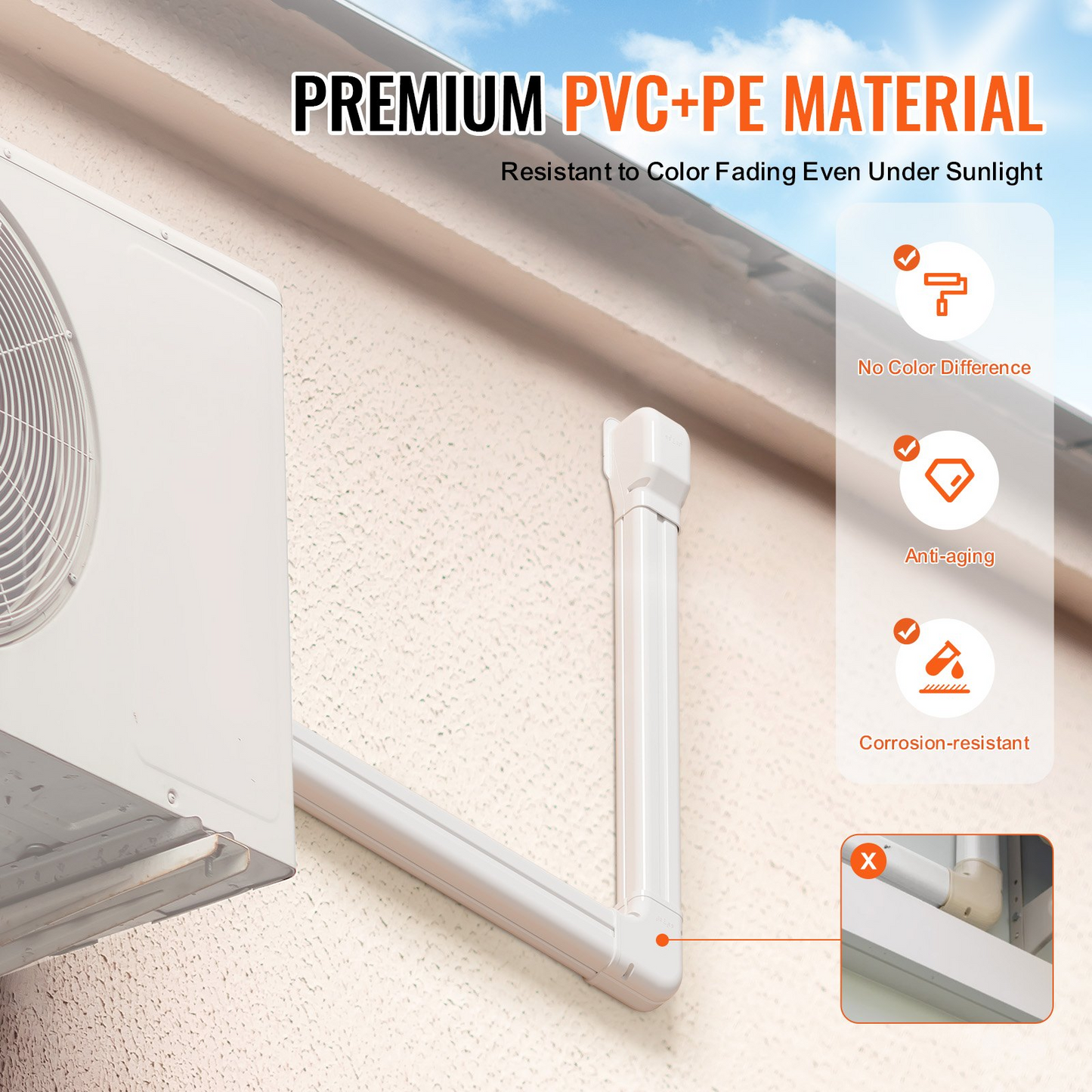 VEVOR Mini Split Line Set Cover 76.2mm W 5400mm L, PVC Decorative Pipe Line Cover For Air Conditioner with 10 Straight Ducts & Full Components Easy to Install, Paintable for Heat Pumps, White
