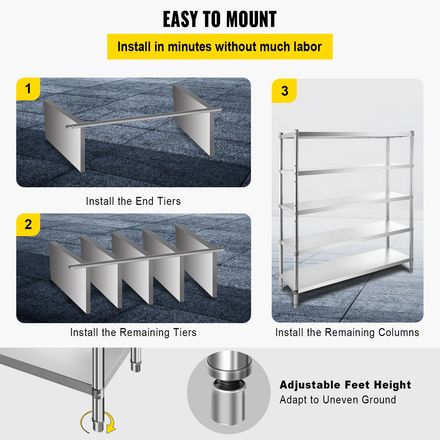 VEVOR Storage Shelf, 5-Tier Storage Shelving Unit, Stainless Steel Garage Shelf, 180.1 x 45 x 180.1 cm Heavy Duty Storage Shelving, 748.4 kg Total Capacity with Adjustable Height