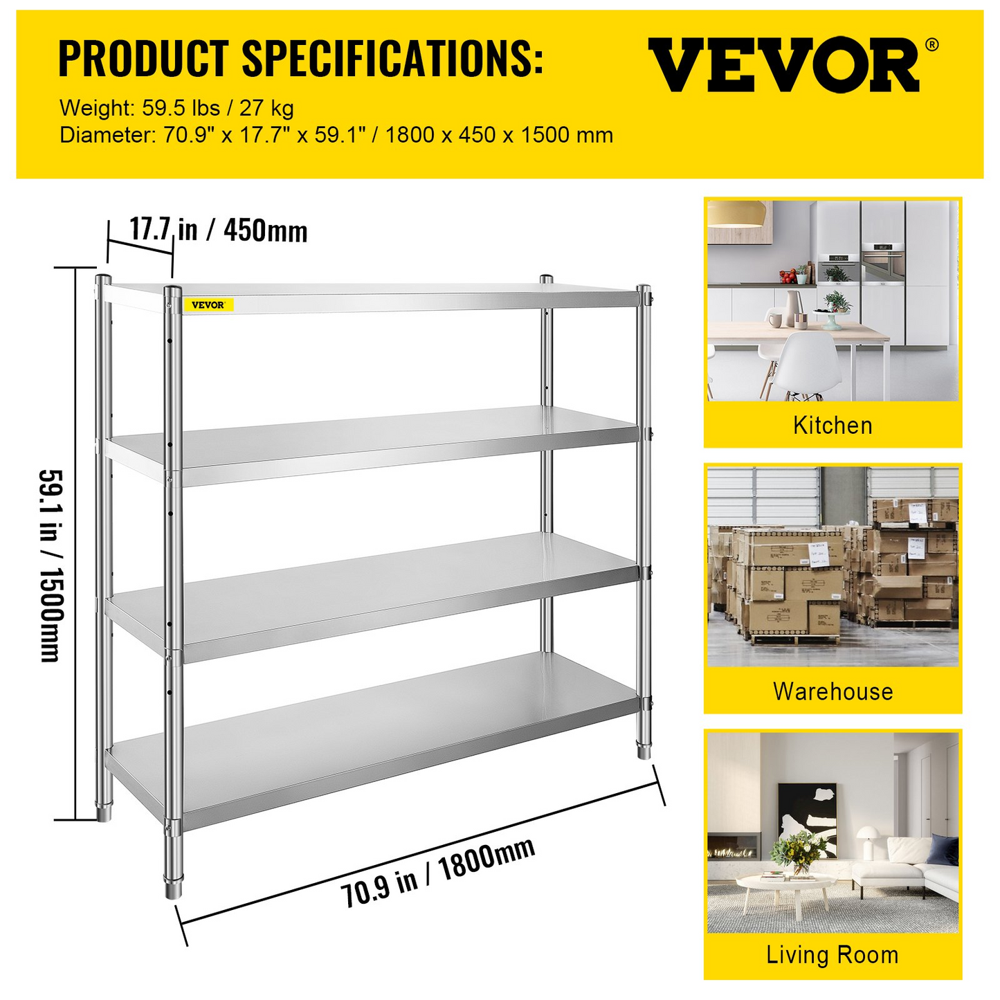 VEVOR Stainless Steel Shelving Adjustable Storage Shelf 4-Tier Storage Rack