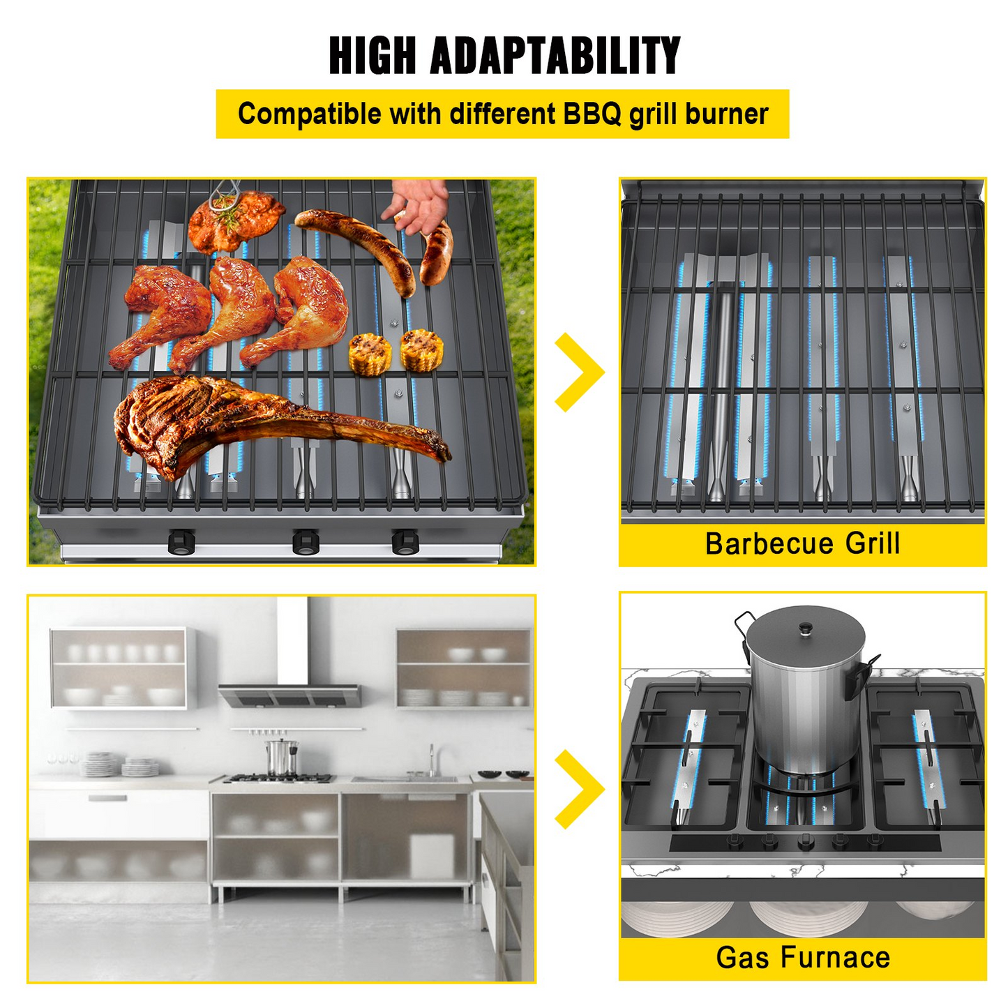 VEVOR BBQ Burners Replacement, Stainless Steel Burner Grill Part Kit, 3 Packs BBQ Burners Replacement, Grill Burner Replacement w/ Air Flap Barbecue Replacement Parts w/ Evenly Burning for Gas Grills