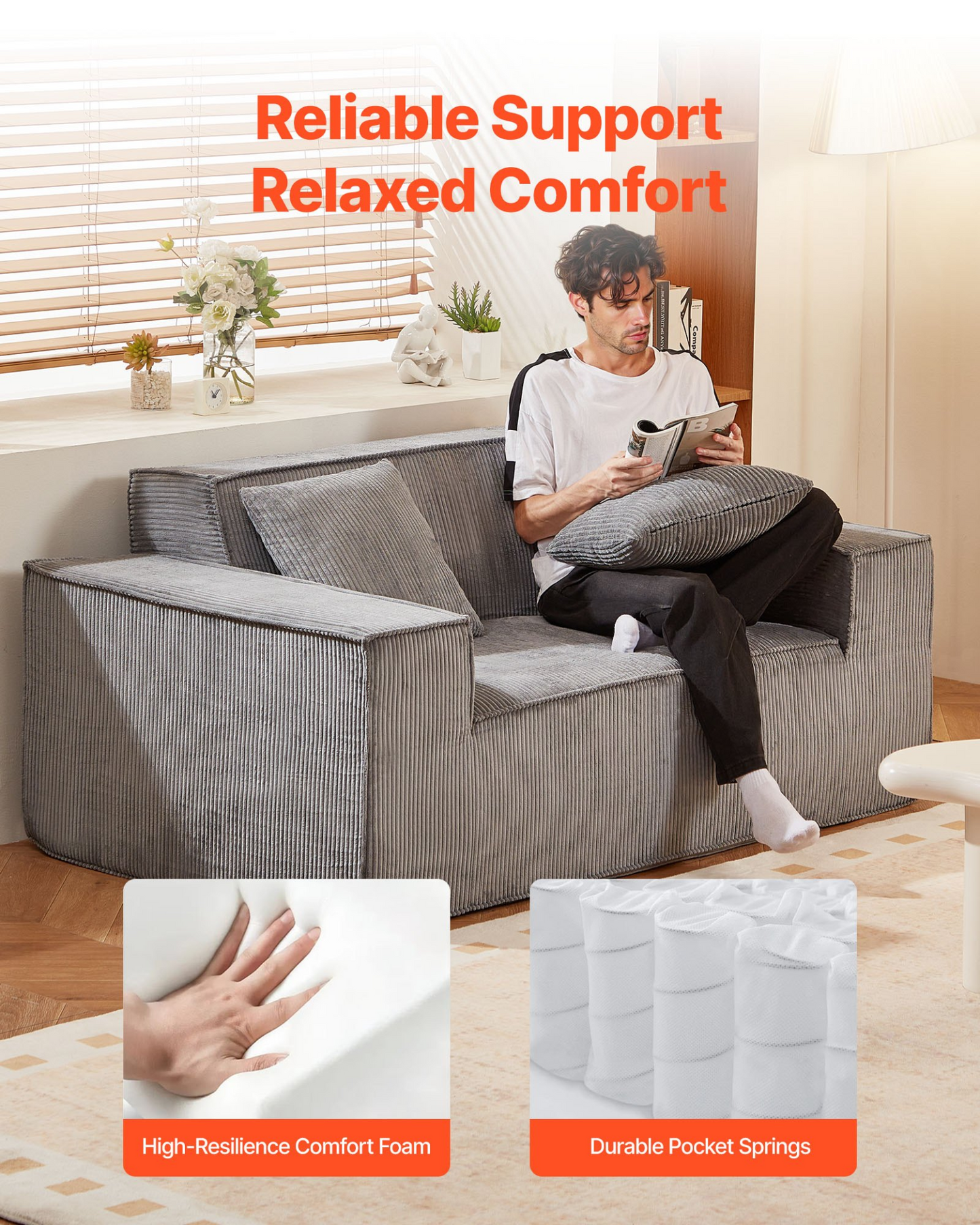VEVOR Loveseat Sofa 63 in 2-Seats Small Corduroy Couch No Assembly Required Gray