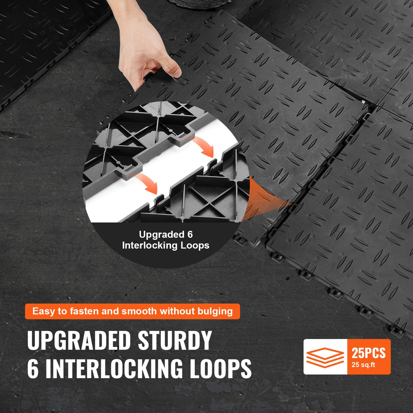 VEVOR Garage Tiles Interlocking, 12 x 12 x 0.53 inch 25 Pack Garage Floor Covering Tiles, Non-Slip Double-Sided Texture Garage Flooring Tiles, for Garages, Basements, Repair Shops, Black