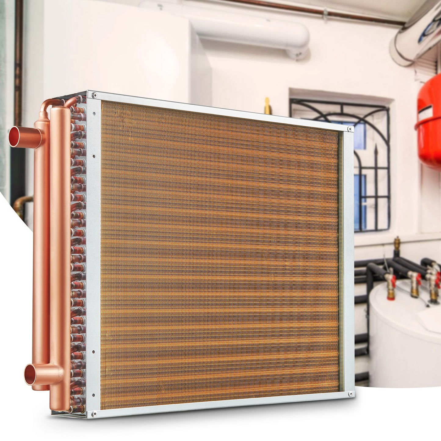 VEVOR 18"x 20"/45.7 x 50.8 cm Heat Exchanger Water to Air 3-Row 3/8"/ 1 cm Copper Ports 242 Fins