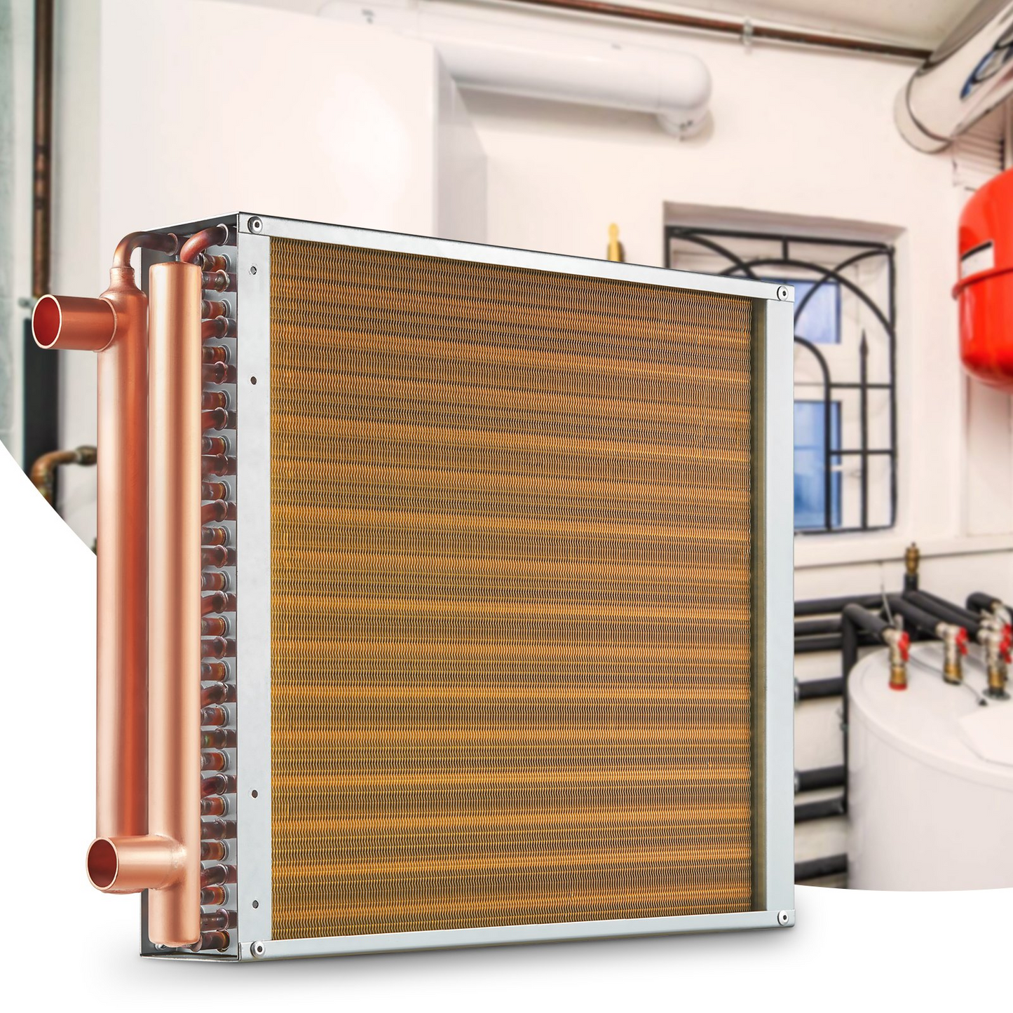 VEVOR 16"x 16"/40.6 x 40.6 cm Heat Exchanger Water to Air 3-Row 3/8"/ 1 cm Copper Ports 193 Fins