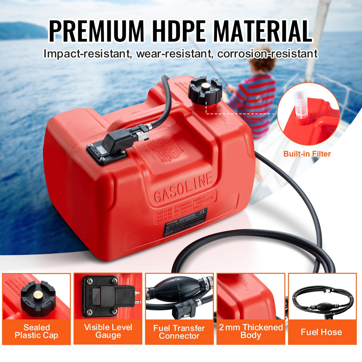 VEVOR Marine Fuel Tank, 3.17 Gallon/12L, Portable Boat Fuel Gas Tank for Outboard Engine Boats, Plastic Outboard Marine Boat Fuel Tank with Hose, Easy to Carry for Yacht, Fishing Boat, Deck Boat, Red