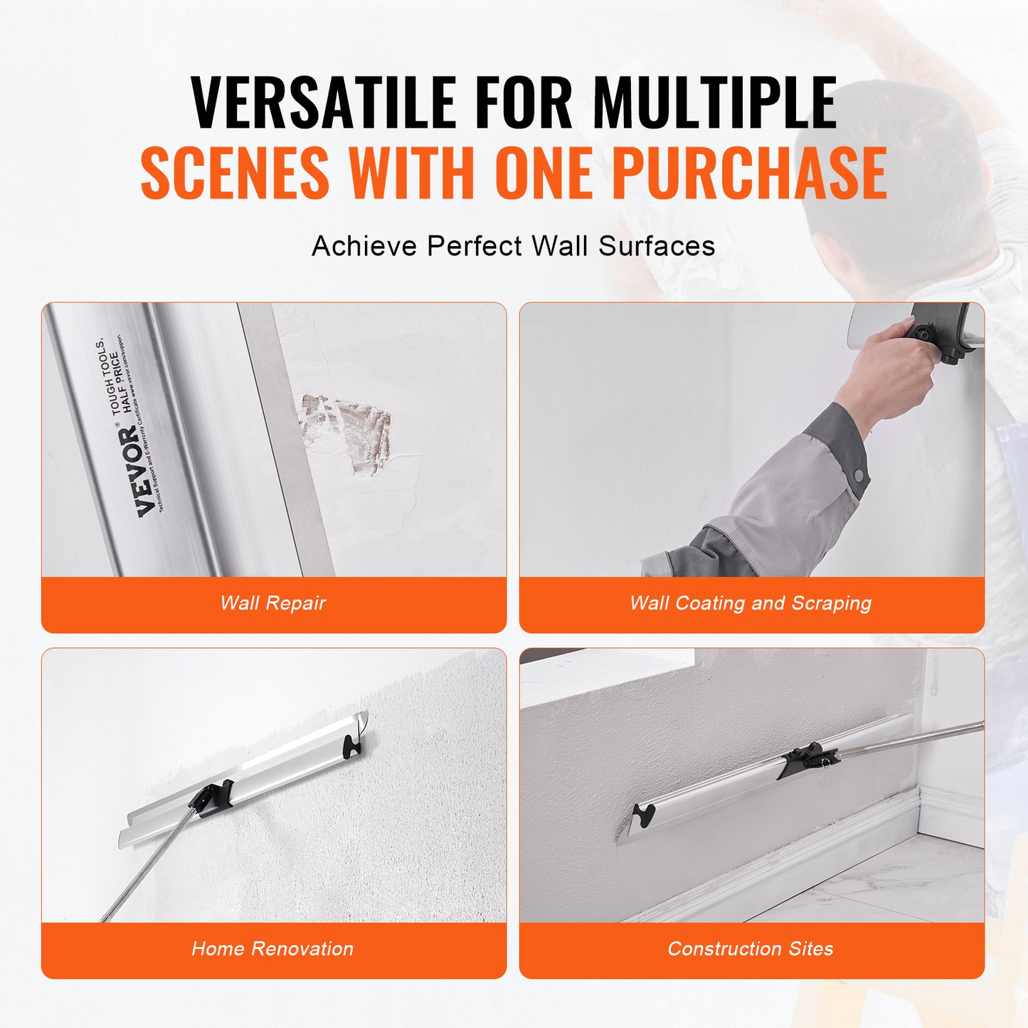 VEVOR Drywall Skimming Kit, Handle + Fixator Smoothing Knife Accessory, Professional Skim Coat Tools For Drywall, Wipe/Drywall Knife, for Gyprock / WallBoard / Plasterboard (No Blade)