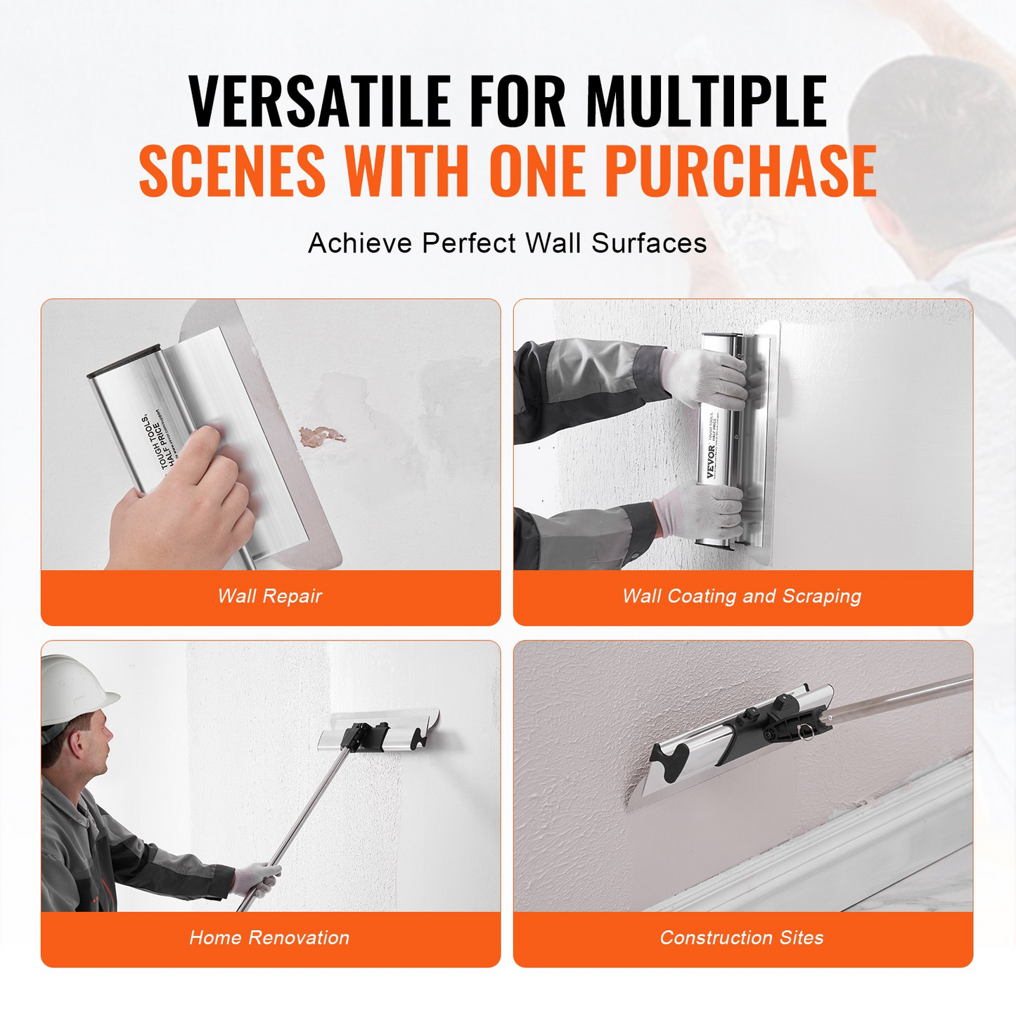 VEVOR Drywall Skimming Blade Set, 7/10/14/16/24 in (17.8/25.4/35.6/40.6/61 cm)Skimming Blades + 34 - 81.6 in/86.4 - 207 cm Extension Handle Pole, Stainless Steel Knife Professional Skim Coat Tools, for Gyprock/WallBoard/Plasterboard