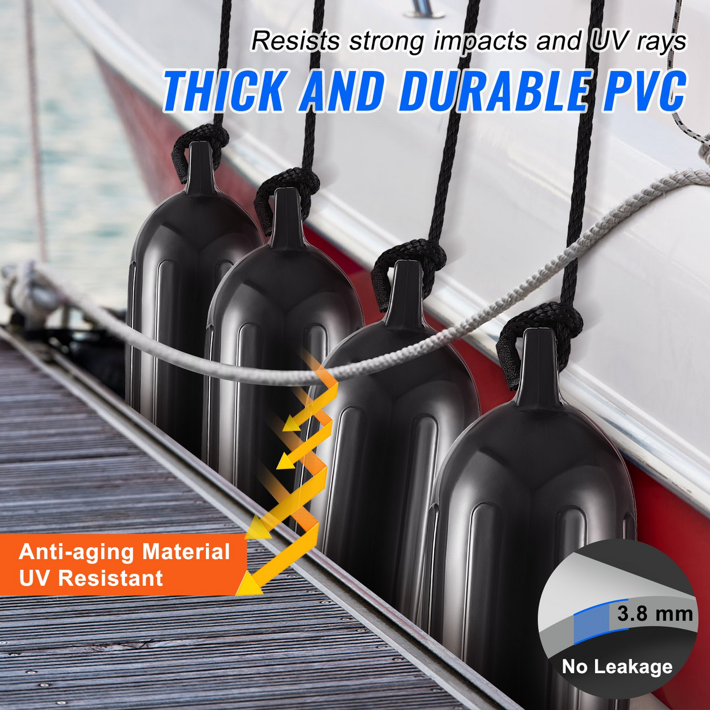 VEVOR Boat Fenders, 14 cm x 51 cm Boat Bumpers for Docking, Inflatable Ribbed Fender with Center Holes, Marine Boat Dock Fender Bumper with Air Pump, 4 Needles and 4 Ropes and Storage Bag, Black