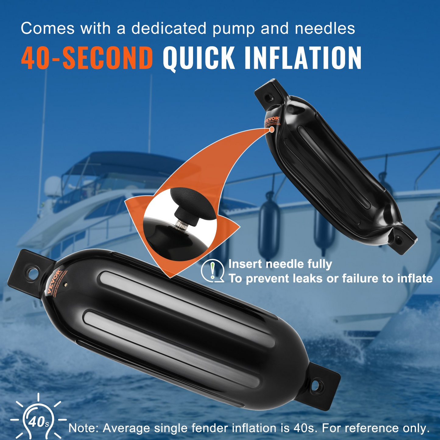 VEVOR Boat Fenders, 14 cm x 51 cm Boat Bumpers for Docking, Inflatable Ribbed Fender with Center Holes, Marine Boat Dock Fender Bumper with Air Pump, 4 Needles and 4 Ropes and Storage Bag, Black