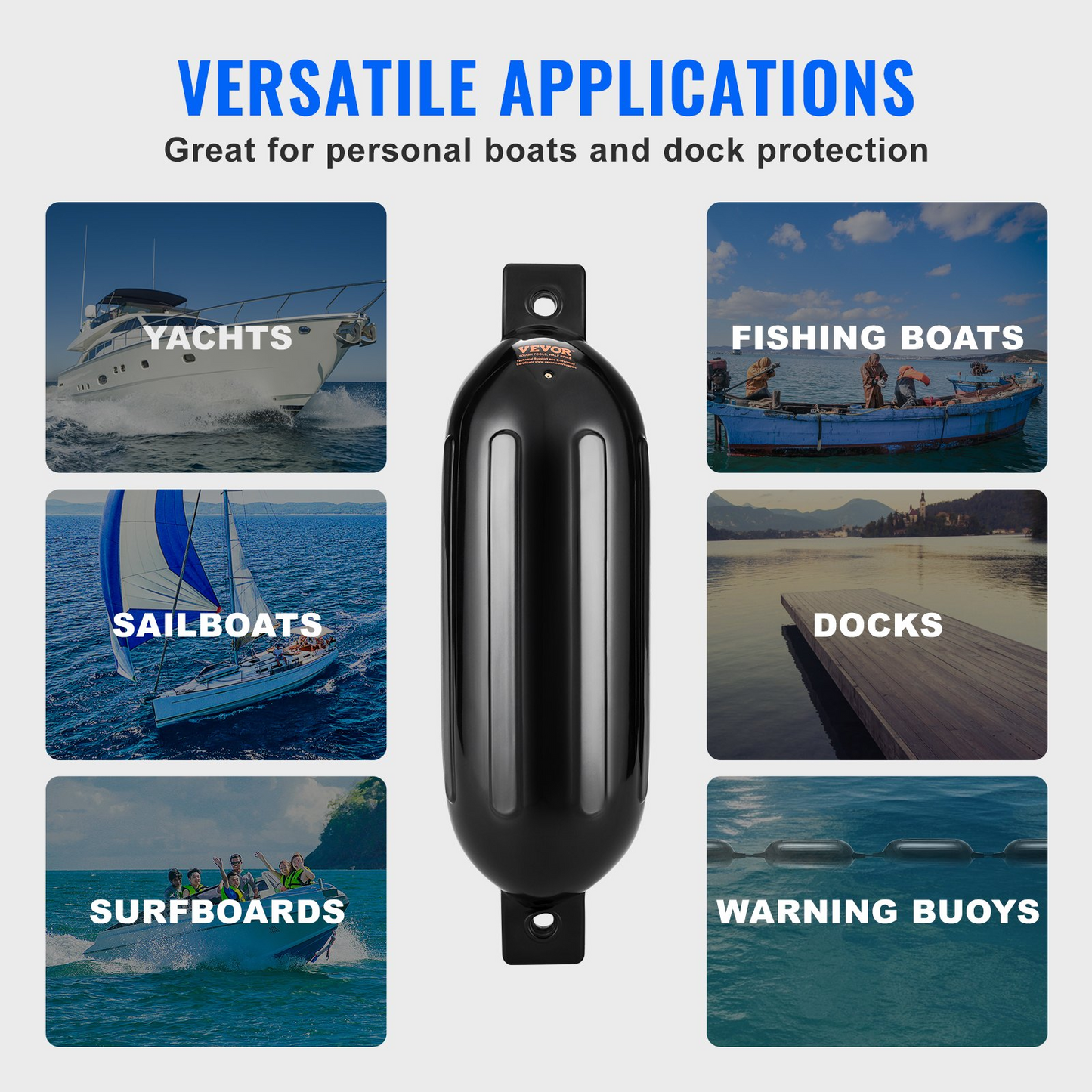 VEVOR Boat Fenders, 14 cm x 51 cm Boat Bumpers for Docking, Inflatable Ribbed Fender with Center Holes, Marine Boat Dock Fender Bumper with Air Pump, 4 Needles and 4 Ropes and Storage Bag, Black