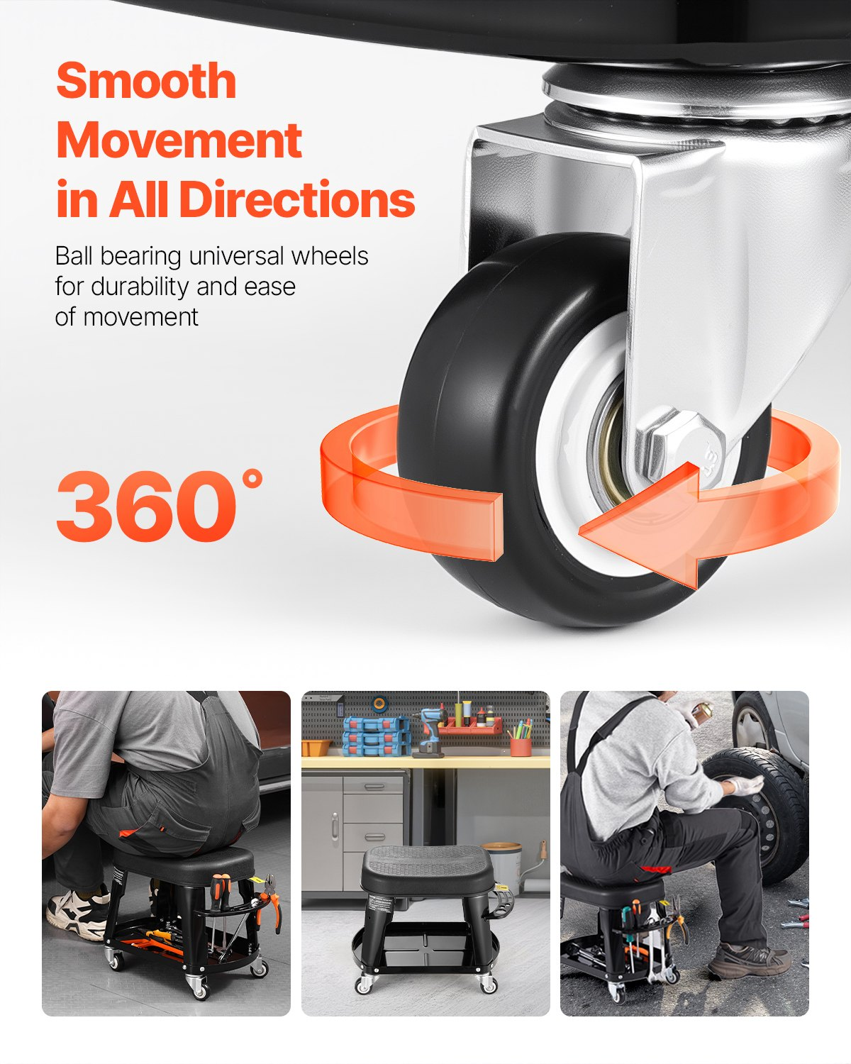 VEVOR Mechanic Stool Rolling Workshop Seat 300 lbs Load with Wheels & Tool Tray