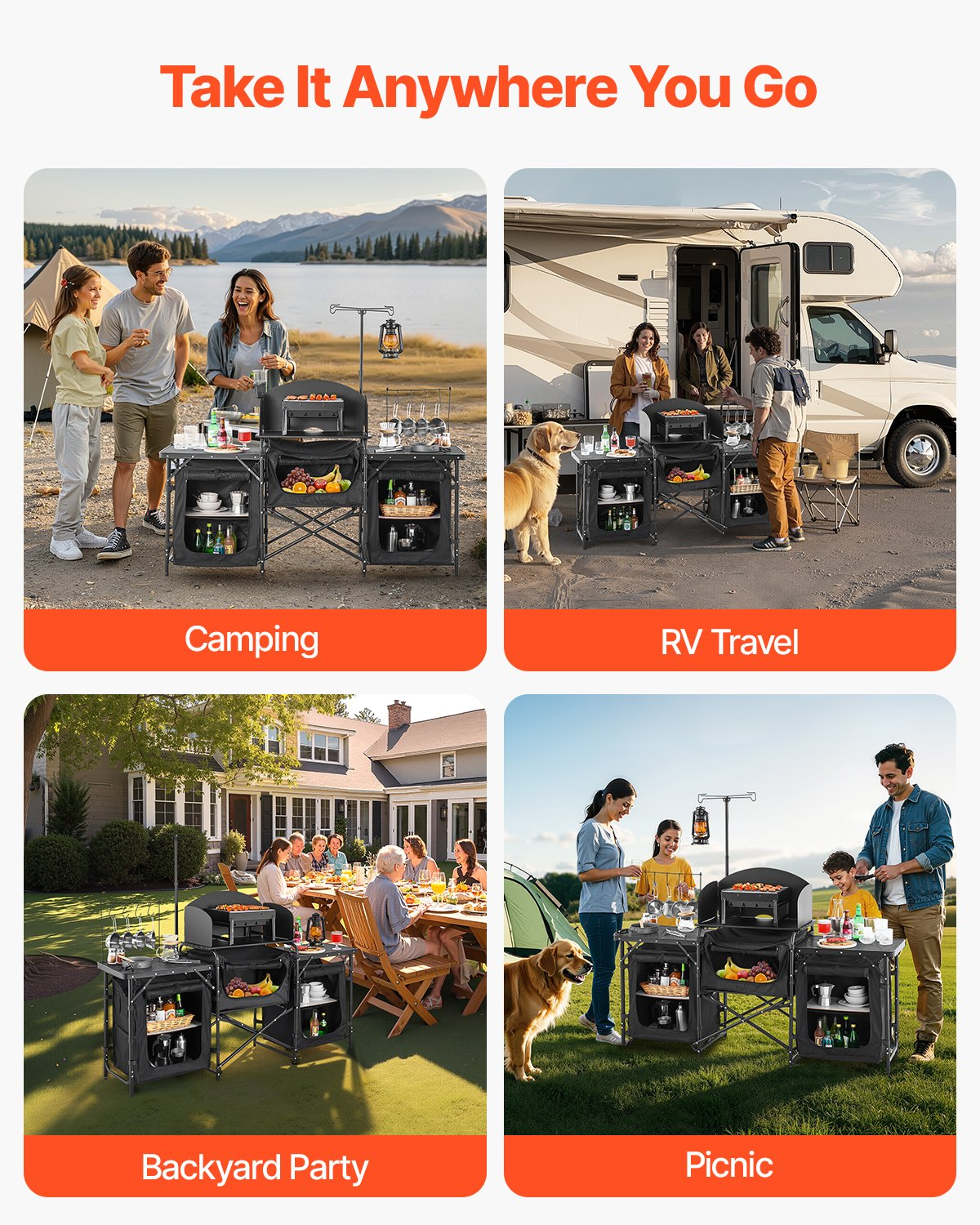 VEVOR Camping Kitchen Table Portable Outdoor Cook Station Windshield Cupboards