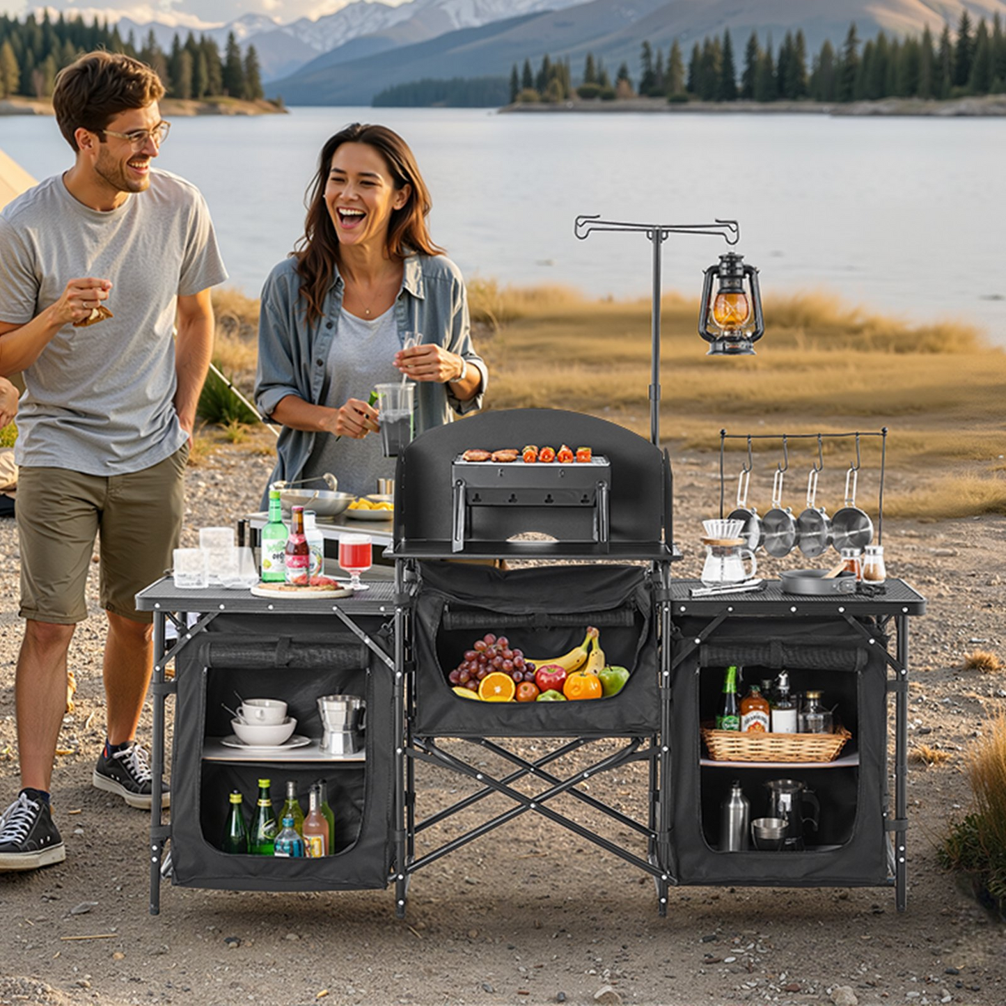 VEVOR Camping Kitchen Table Portable Outdoor Cook Station Windshield Cupboards