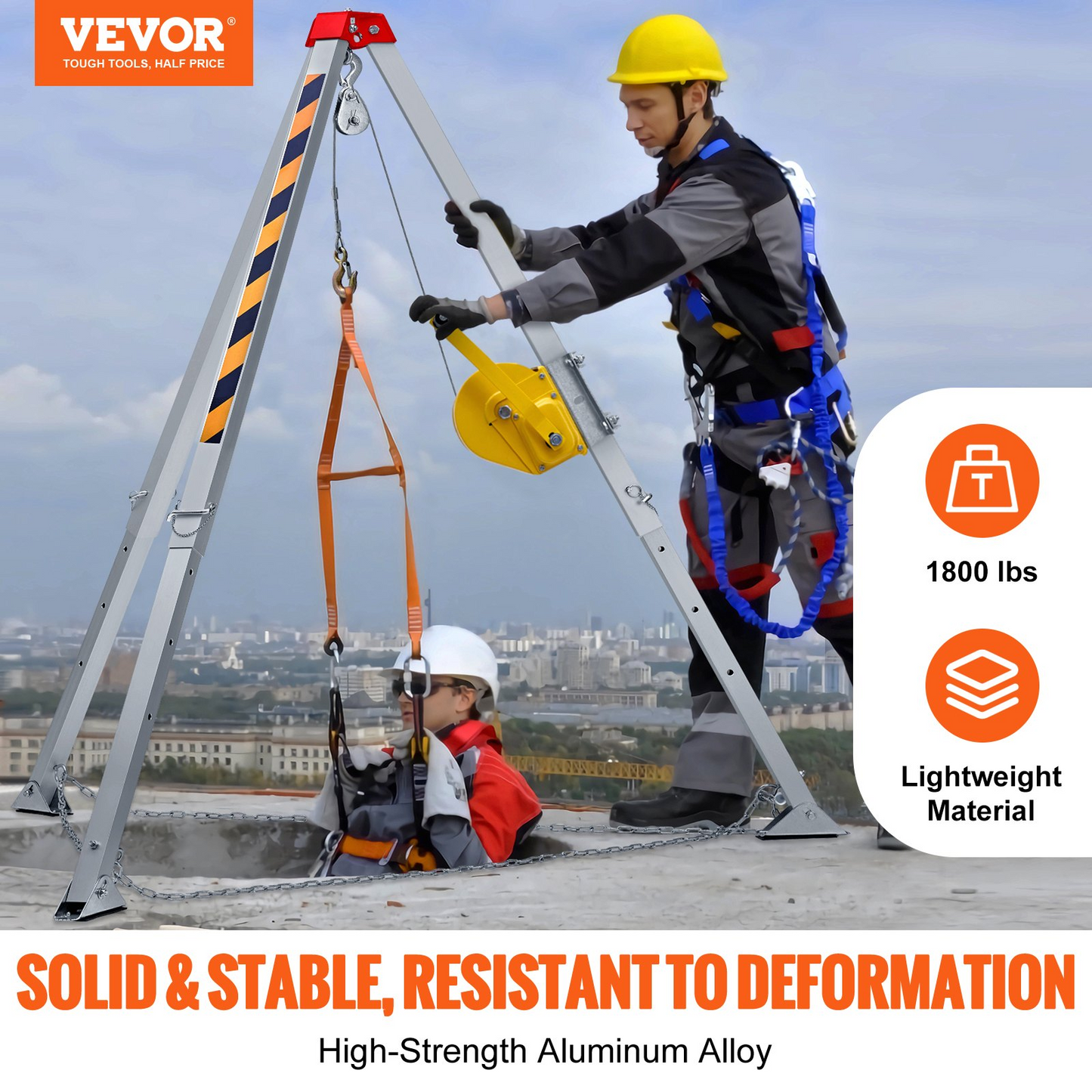 VEVOR Confined Space Tripod Kit, 816.4 kg Winch, Confined Space Tripod 2.13 m Legs and 30 m Cable, Confined Space Rescue Tripod 10 m Fall Protection, Harness, Storage Bag for Traditional Confined Spaces