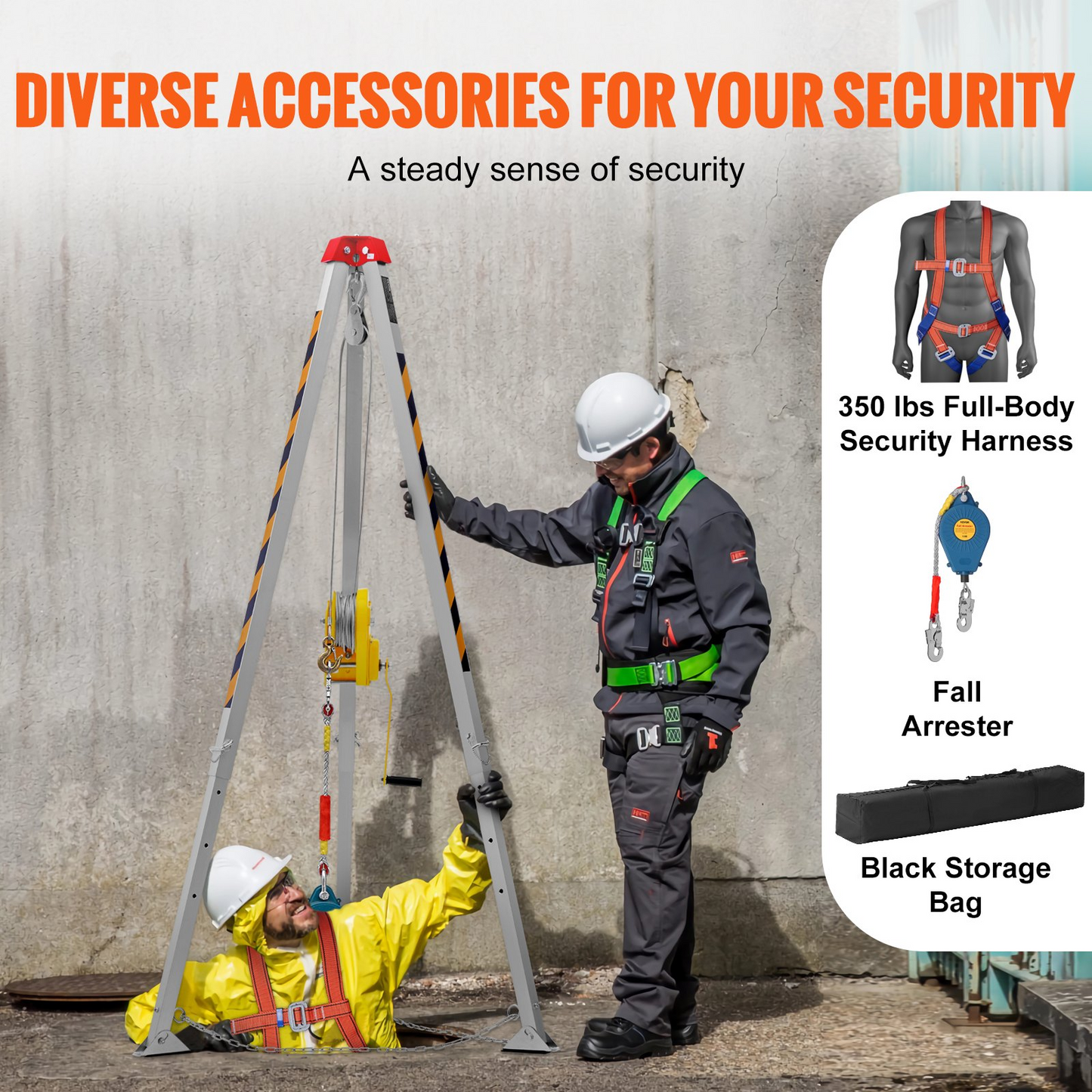 VEVOR Confined Space Tripod Kit, 1179 kg Winch, Confined Space Tripod 2.43 m Legs and 30 m Cable, Confined Space Rescue Tripod 10 m Fall Protection, Harness, Storage Bag for Traditional Confined Spaces