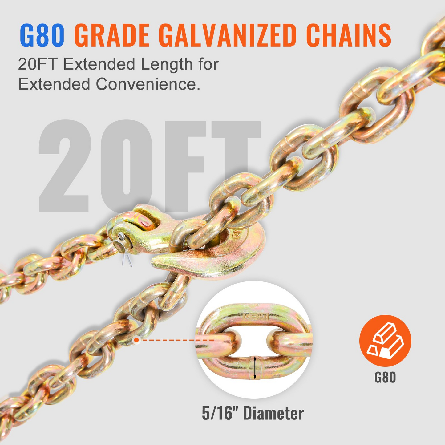 VEVOR Ratchet Chain Binder, 0.8 - 0.9 cm Heavy Duty Load Binders, with G80 Chains 3220 kg Secure Load Limit, Labor-saving Anti-skid Handle, Tie Down Hauling Chain Binders for Flatbed Truck Trailer, 4 P