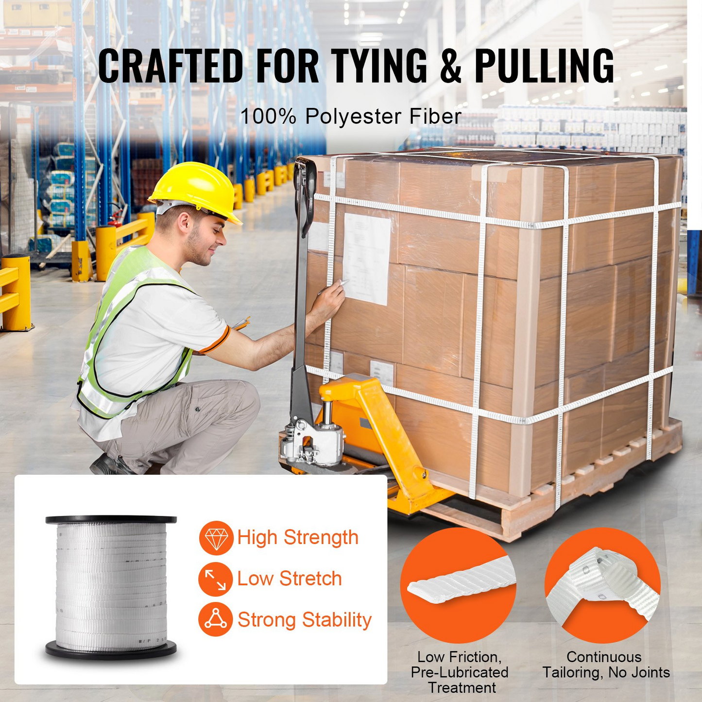 VEVOR Polyester Pull Tape, 3/4" x 318' Mule Tape Flat Rope, 2500 lbf Tensile Capacity, Printed Webbing Cable Pulling Tape for Packaging, Gardening, Commercial Electrical, Conduit Work, White