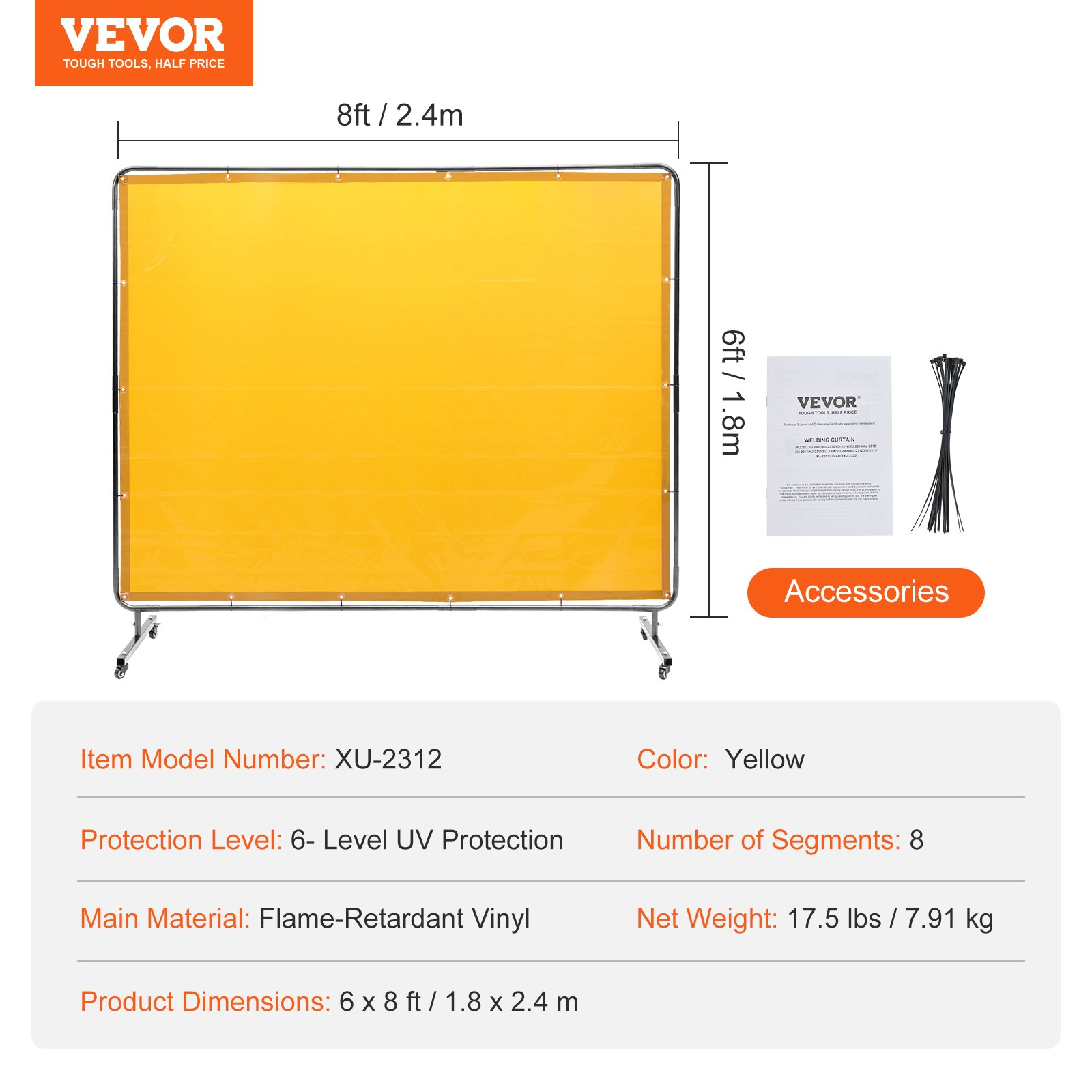 VEVOR Welding Screen with Frame, 6' x 8' Welding Curtain Screen, Flame-Resistant Vinyl Welding Protection Screen on 4 Swivel Wheel (2 Lockable), Moveable & Professional for Workshop/Industrial, Yellow