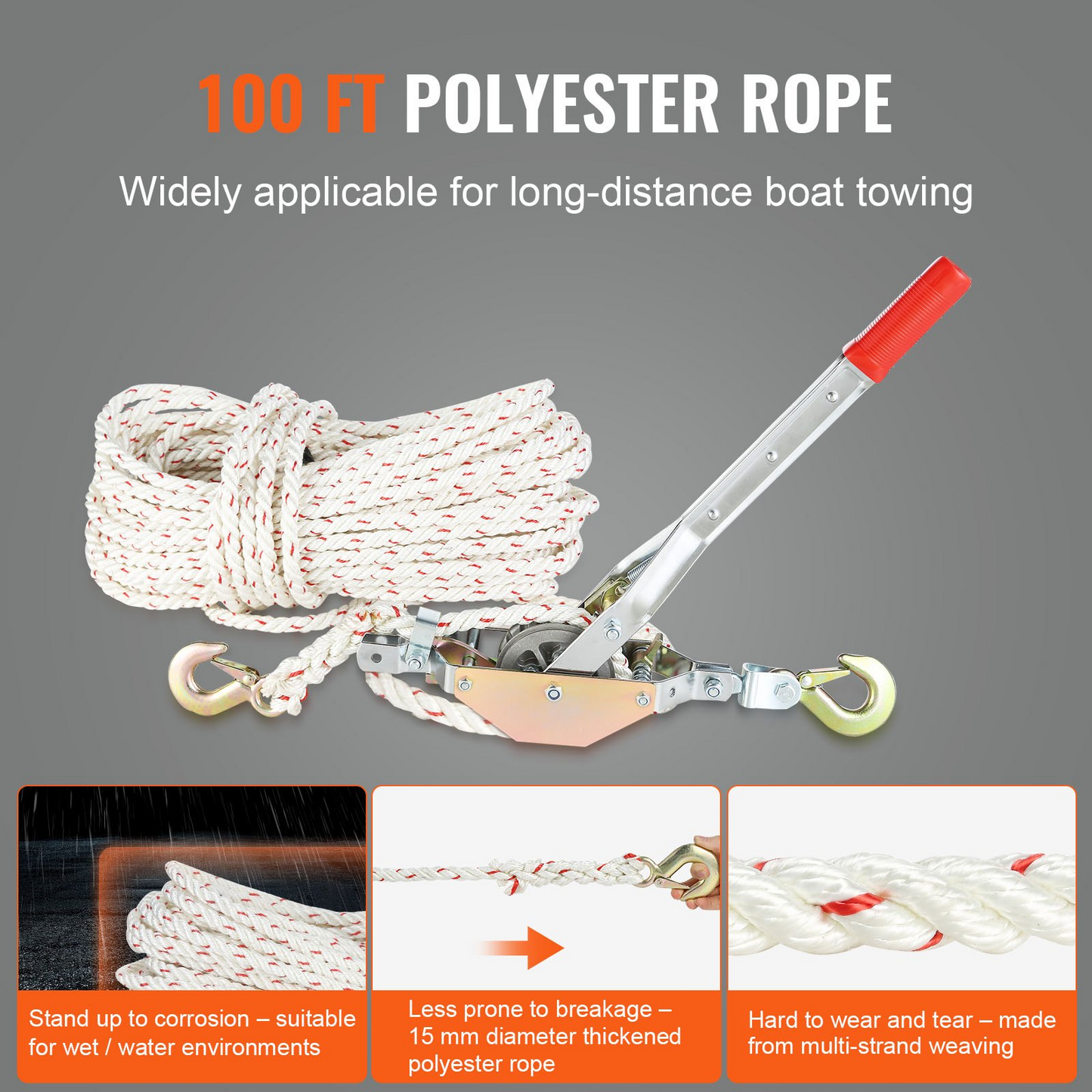 VEVOR Rope Puller, 3/4 Ton (750 kg) Pulling Capacity, with 30.48 m of 1.52 cm dia. Rope, 2 Hook, Come Along Winch, Heavy Duty Ratchet Power Puller Tool for Moving Boats, Securing Items, Transporting Logs