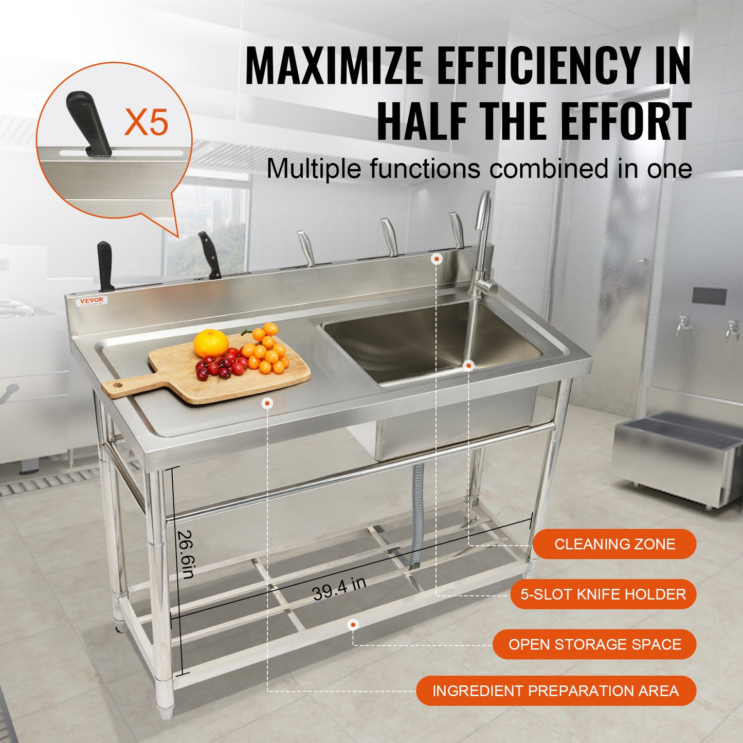 VEVOR Stainless Steel Utility Sink, Free Standing Single Bowl Commercial Kitchen Sink Set w/Workbench, 100.1 x 48.5 x 95 cm Commercial Single Bowl Sinks for Garage, Restaurant, Laundry, NSF Certified