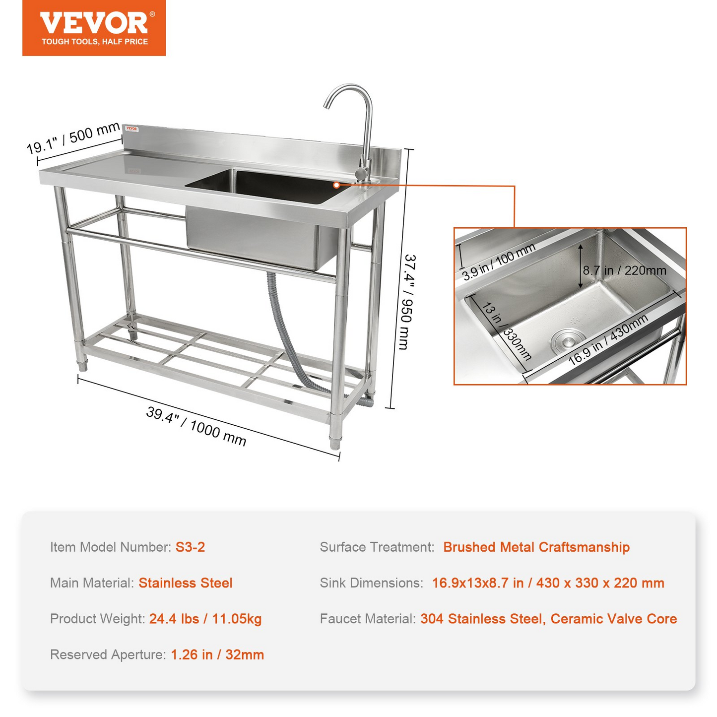VEVOR Stainless Steel Utility Sink, Free Standing Single Bowl Commercial Kitchen Sink Set w/Workbench, 100.1 x 48.5 x 95 cm Commercial Single Bowl Sinks for Garage, Restaurant, Laundry, NSF Certified