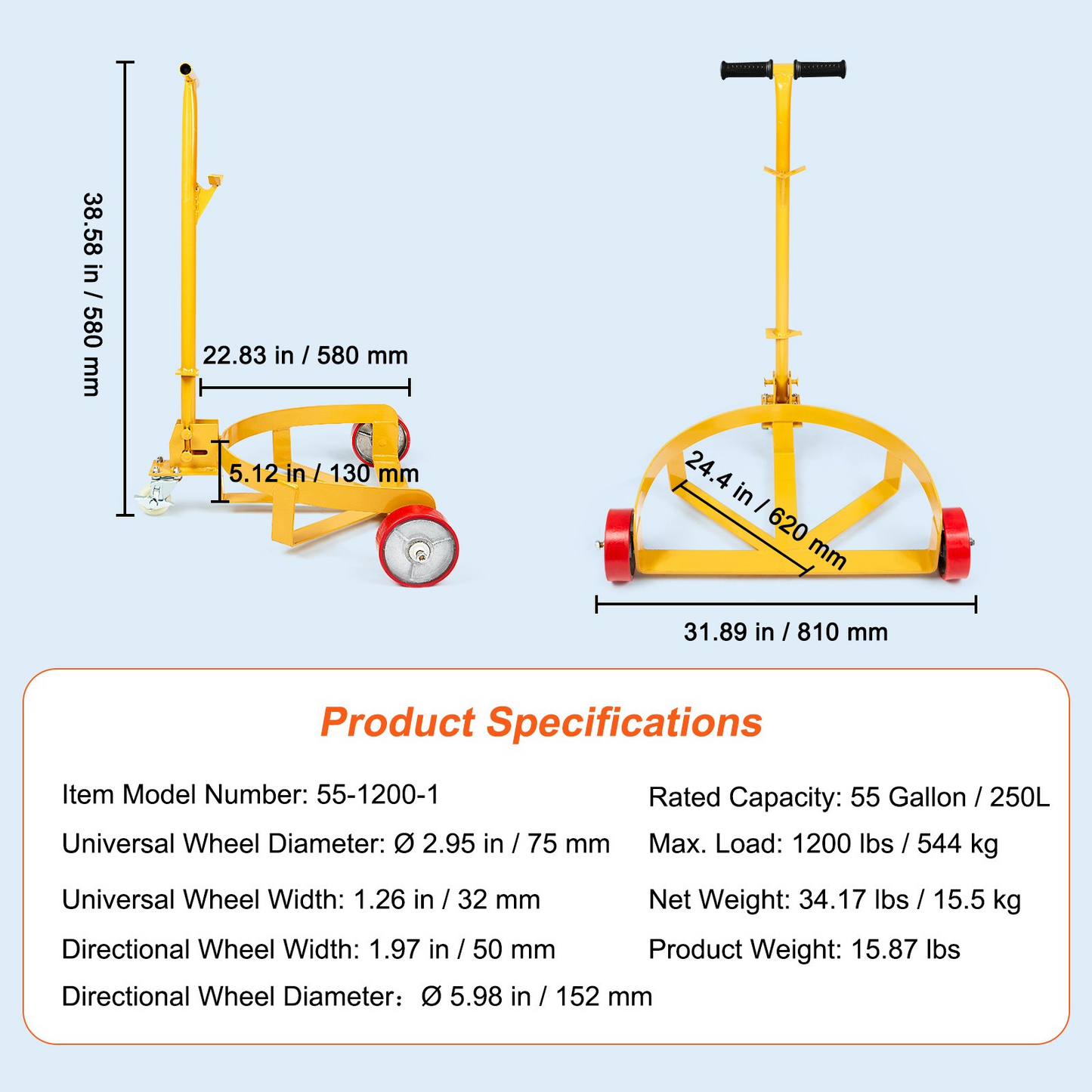 VEVOR 208.2 L Drum Dolly, 544.3 kg Load Capacity, Barrel Dolly Cart Drum Caddy Round Dolly Steel Low Profile, Heavy Duty Steel Frame with Adjustable Handle 3 Wheels, for Workshop Factory Warehouse
