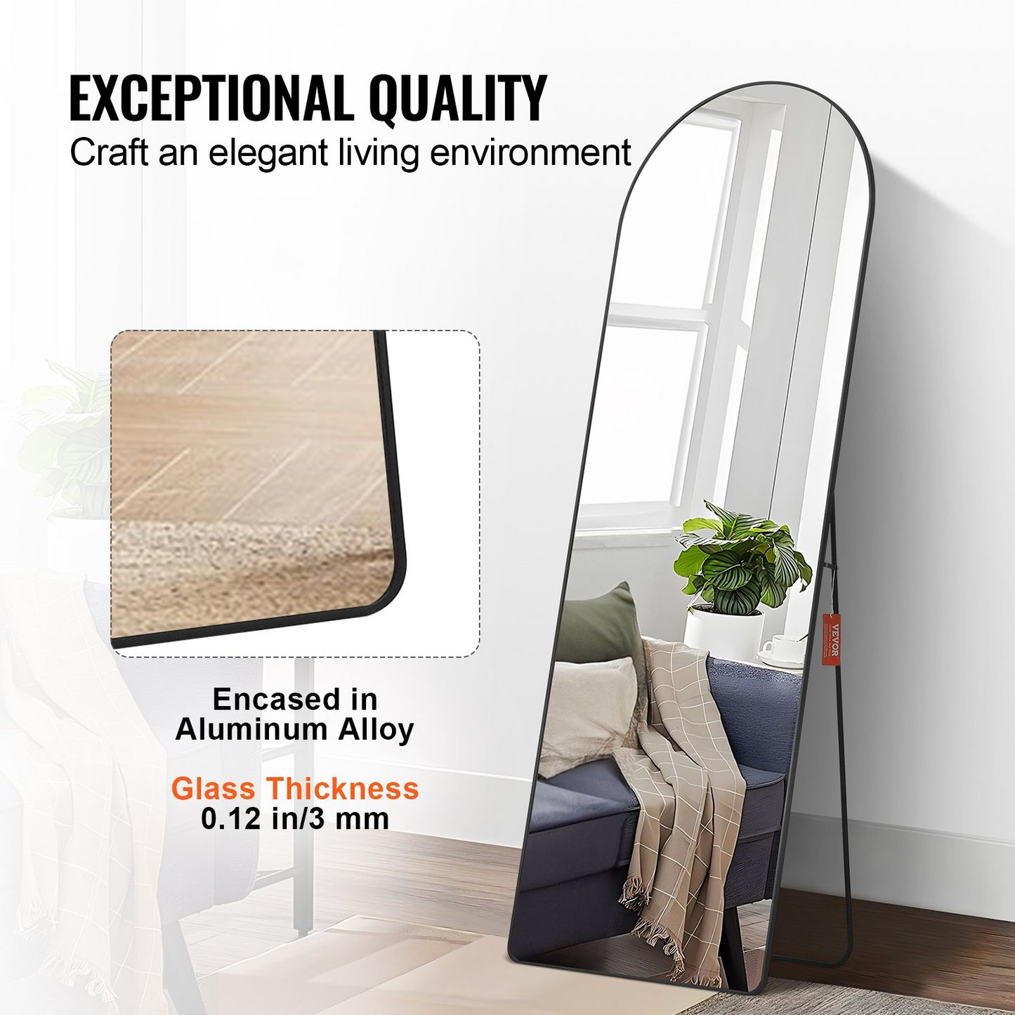 VEVOR Arched Full Length Mirror, 65'' x 22'', Large Free Standing Leaning Hanging Wall Mounted Floor Mirror with Stand Aluminum Alloy Frame, Full Body Dressing Mirror for Living Room Bedroom, Black