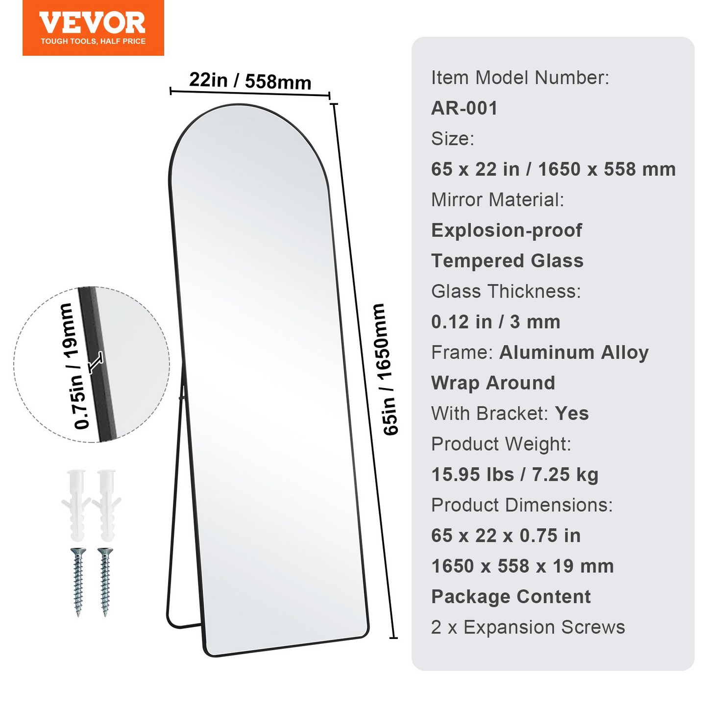 VEVOR Arched Full Length Mirror, 65'' x 22'', Large Free Standing Leaning Hanging Wall Mounted Floor Mirror with Stand Aluminum Alloy Frame, Full Body Dressing Mirror for Living Room Bedroom, Black