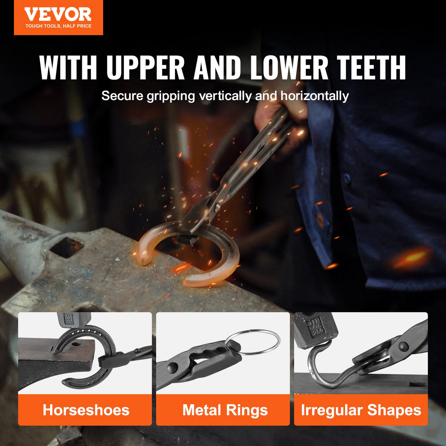VEVOR Blacksmith Tongs, 45.7 cm Wolf Jaw Tongs, Carbon Steel Forge Tongs with A3 Steel Rivets, for Horseshoes, Curved Shapes, Block Forgings, for Beginner and Seasoned Blacksmiths and Bladesmiths