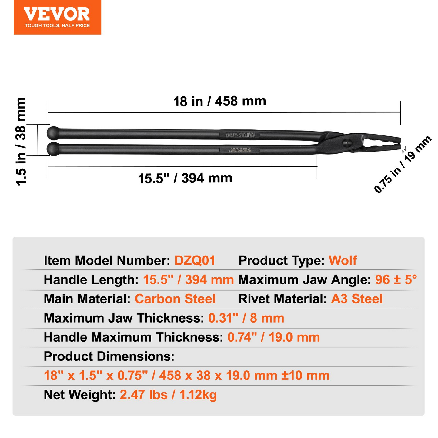 VEVOR Blacksmith Tongs, 45.7 cm Wolf Jaw Tongs, Carbon Steel Forge Tongs with A3 Steel Rivets, for Horseshoes, Curved Shapes, Block Forgings, for Beginner and Seasoned Blacksmiths and Bladesmiths