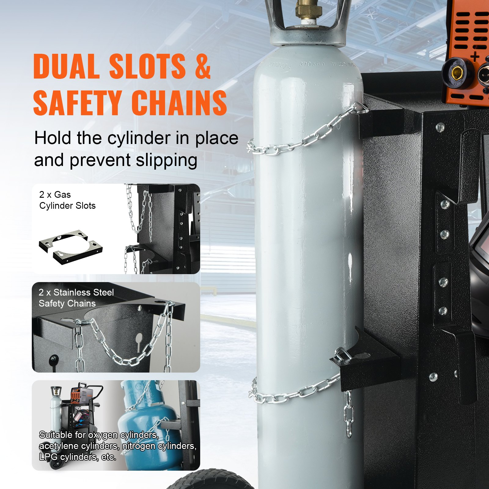 VEVOR Welding Cart, 2-Tier Heavy Duty Welder Cart with Anti-Theft Lockable Cabinet, 120.2 kg Weight Capacity, 360° Swivel Wheels, Tank Storage Safety Chains, Welding Cabinet for TIG, ARC, Plasma Cutter