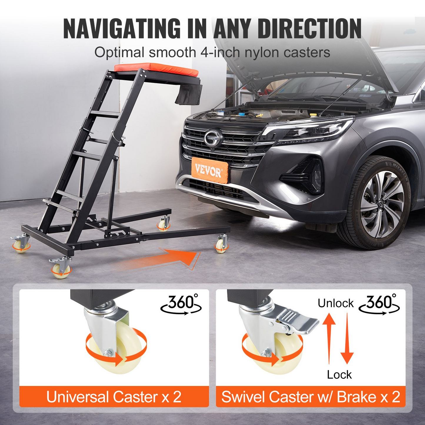 VEVOR Automotive Topside Creeper, with Adjustable Height 1219-1930 mm, 400 LBS Capacity High Creeper, 4 Swivel Caster Wheels, Heavy Duty Foldable Creeper for Auto Repair and Maintenance