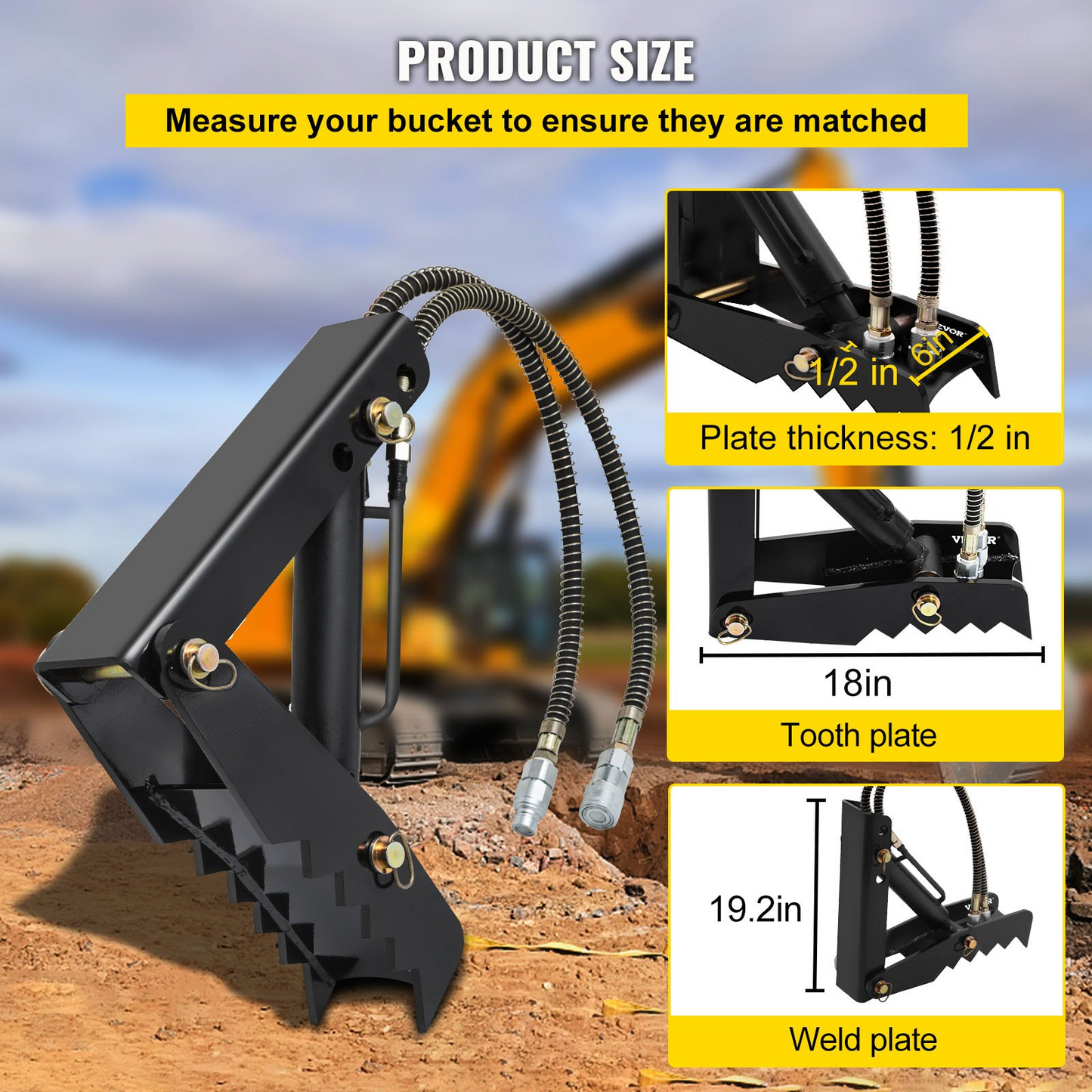 VEVOR Hydraulic Backhoe Thumb, 45.72 cm 12.70 mm Thickness Heavy Duty Excavator Thumb, Black Steel Weld On Thumb Attachments with Hydraulic Cylinder, Mechanical Hydraulic Thumb for Backhoe/Excavator