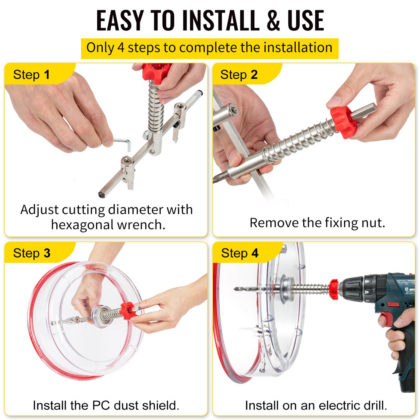 VEVOR Adjustable Hole Saw Cutter Kit, 1-5/8" to 8" (40-200 mm), Twin Blade Recessed Hole Saw with PC Dust Shield, Two Replaceable Pilot Drill Bits, for Recessed Lights, Ceiling Speakers, Vent Holes