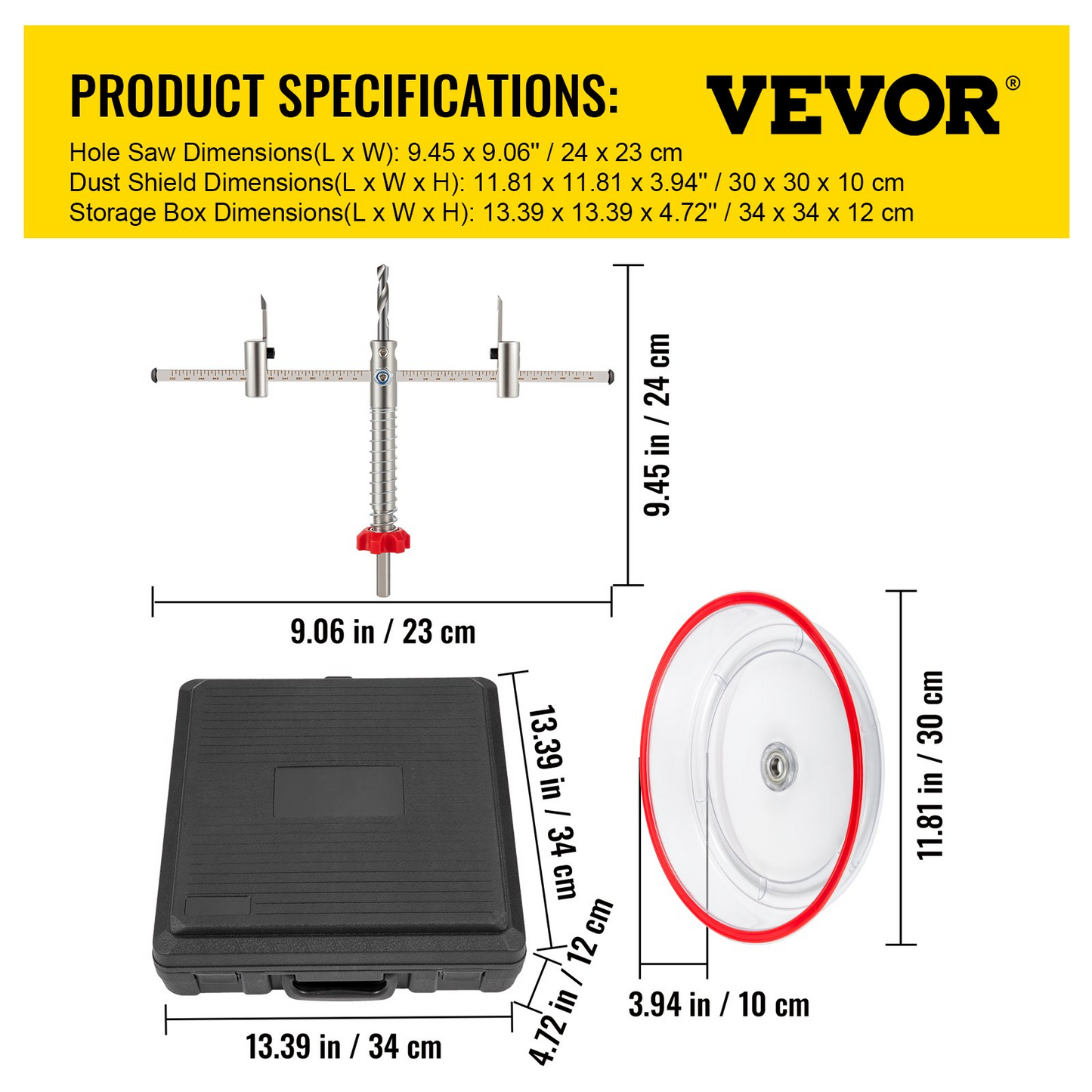 VEVOR Adjustable Hole Saw Cutter Kit, 1-5/8" to 8" (40-200 mm), Twin Blade Recessed Hole Saw with PC Dust Shield, Two Replaceable Pilot Drill Bits, for Recessed Lights, Ceiling Speakers, Vent Holes