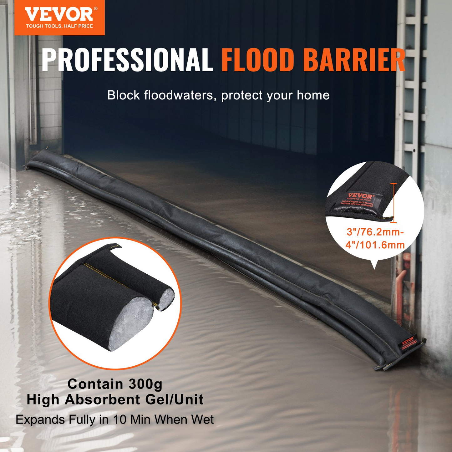 VEVOR Flood Barriers, Water Flood Dam Bags 5 Pack, Water Barriers for Flooding with Plastic Bucket, Water Activated Flood Barriers for Home, Doorway, Driveway(10ft x 6in)