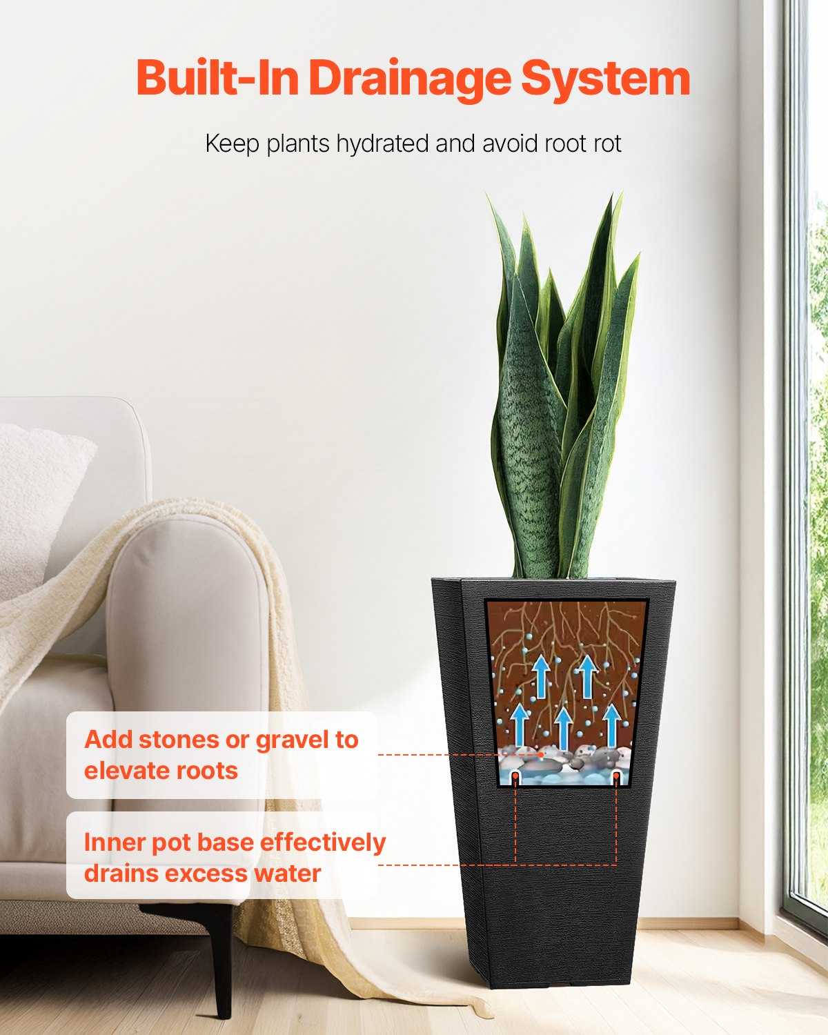 VEVOR Tall Planter Set of 2 Square Tapered Planters 22 in for Outdoor Indoor