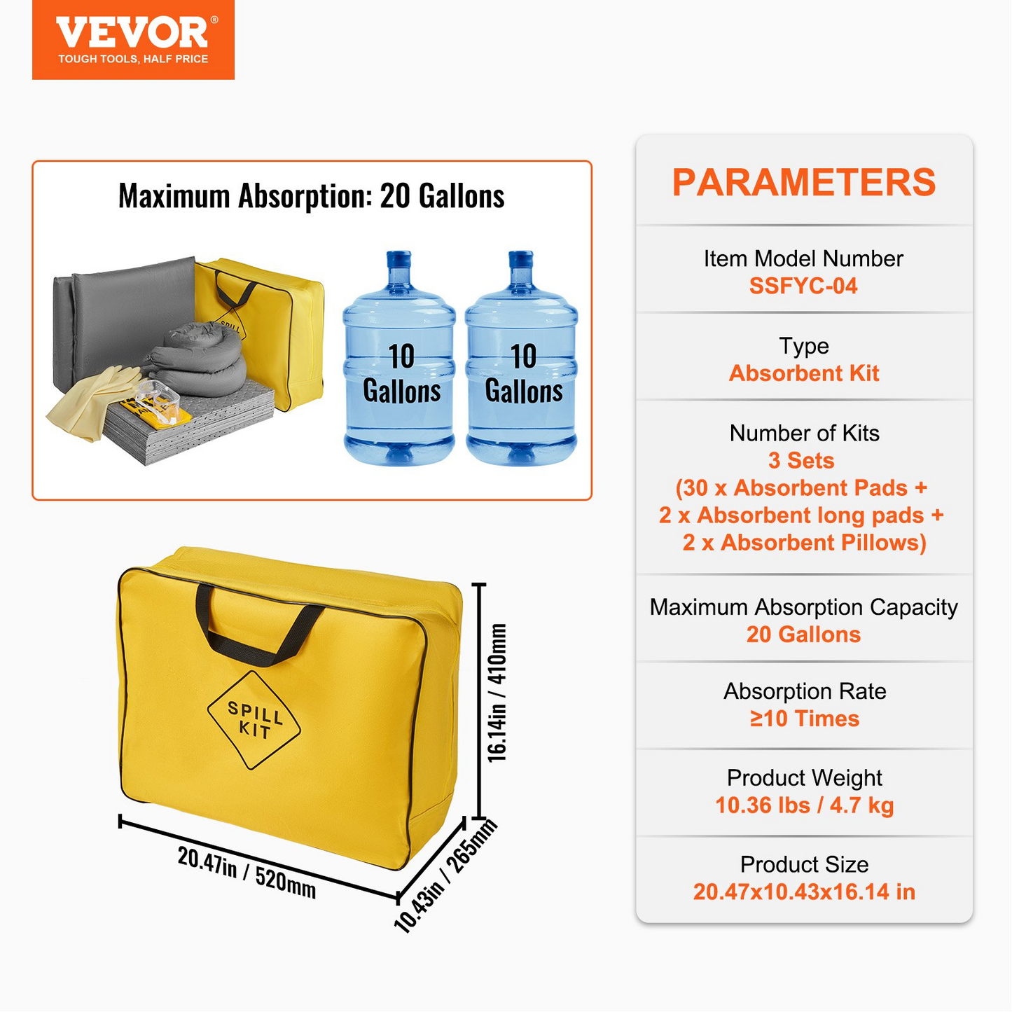 VEVOR Universal Spill Kit Spill Control Supplies Sorbent Pads Socks and Pillows