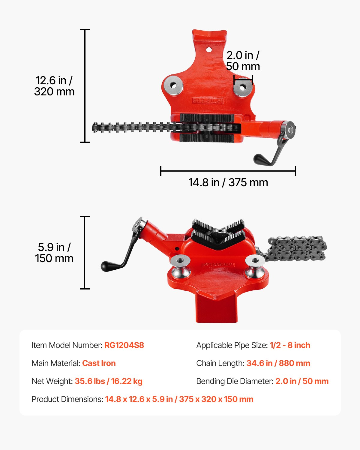 Screw Bench Chain Vise 1/2 to 8 inch Capacity Heavy Duty Chain Pipe Vise