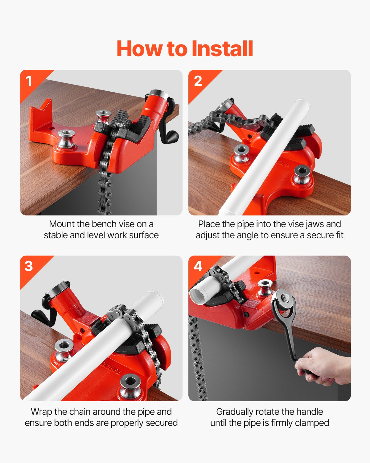 Screw Bench Chain Vise 1/4 to 6 inch Capacity Heavy Duty Chain Pipe Vise