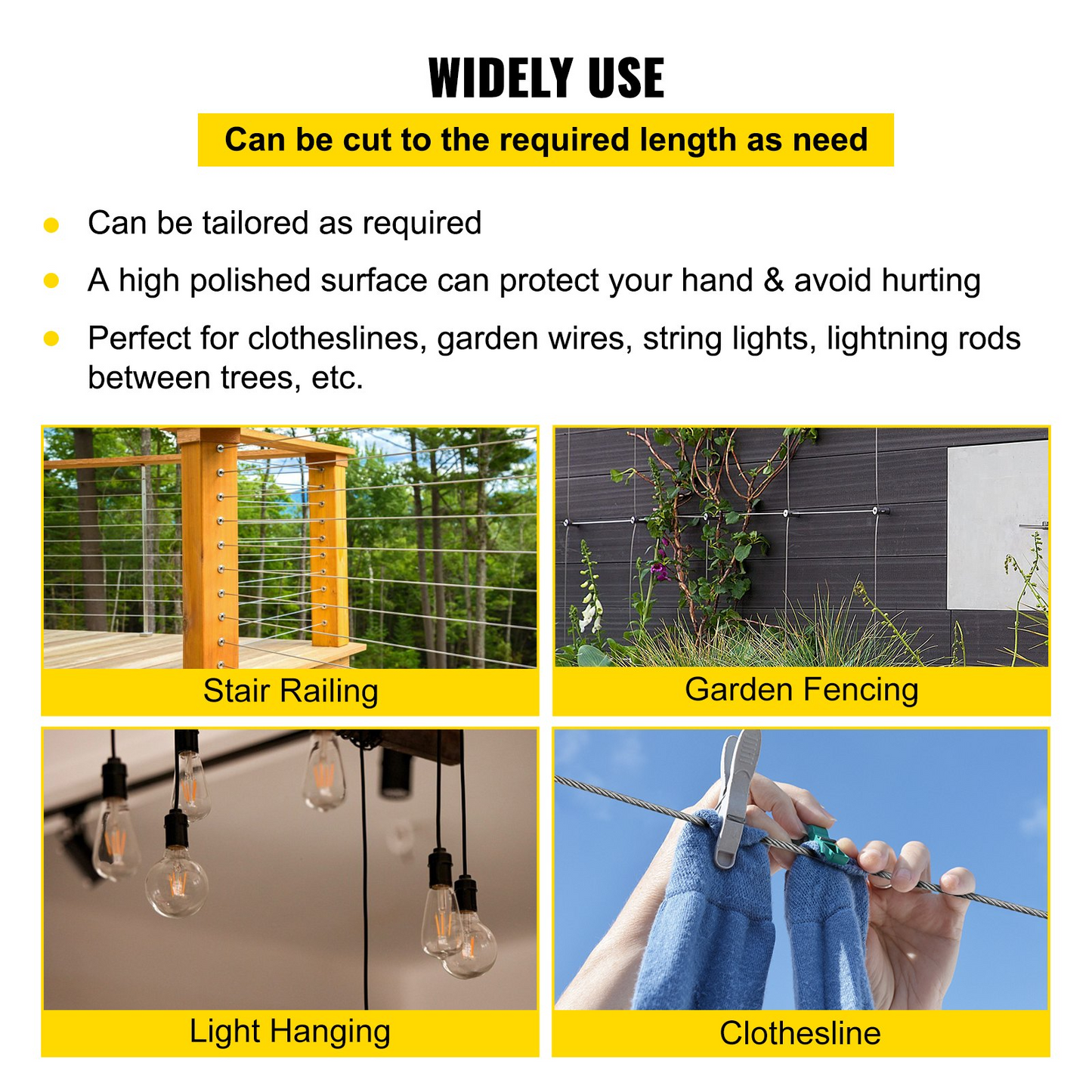 VEVOR 304 Stainless Steel Cable 3/16 Inch 7 X 19 Steel Wire Rope 250Feet Steel Cable for Railing Decking DIY Balustrade
