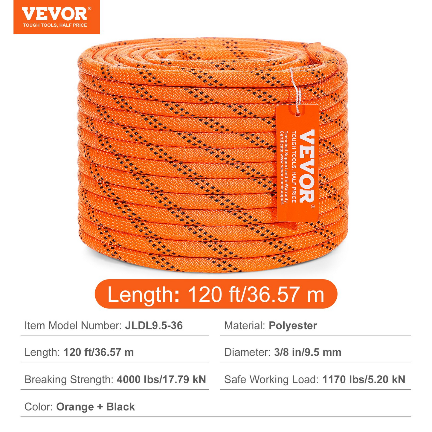VEVOR Arborist Tree Climbing Rope Double Braid Polyester 3/8"/1 cm x 120'/36.6 m 48-Strand