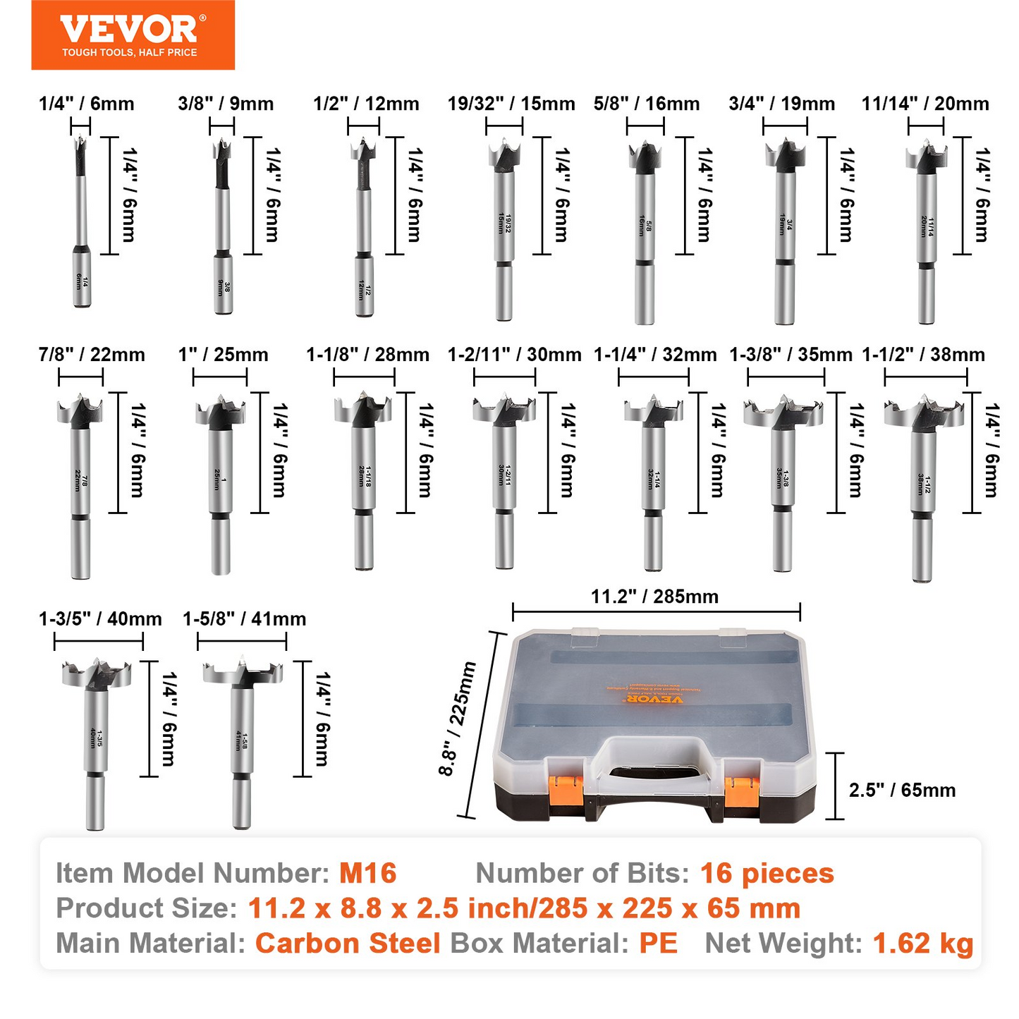 VEVOR Forstner Bit Set, 16 Pcs Forstner Drill Bits Set, 6.4mm to 41.3mm, Carbon Steel, with Universal Round Shank, Forstner Drill Bit for Wood and Composite Board, Forstner Bits for Woodworking