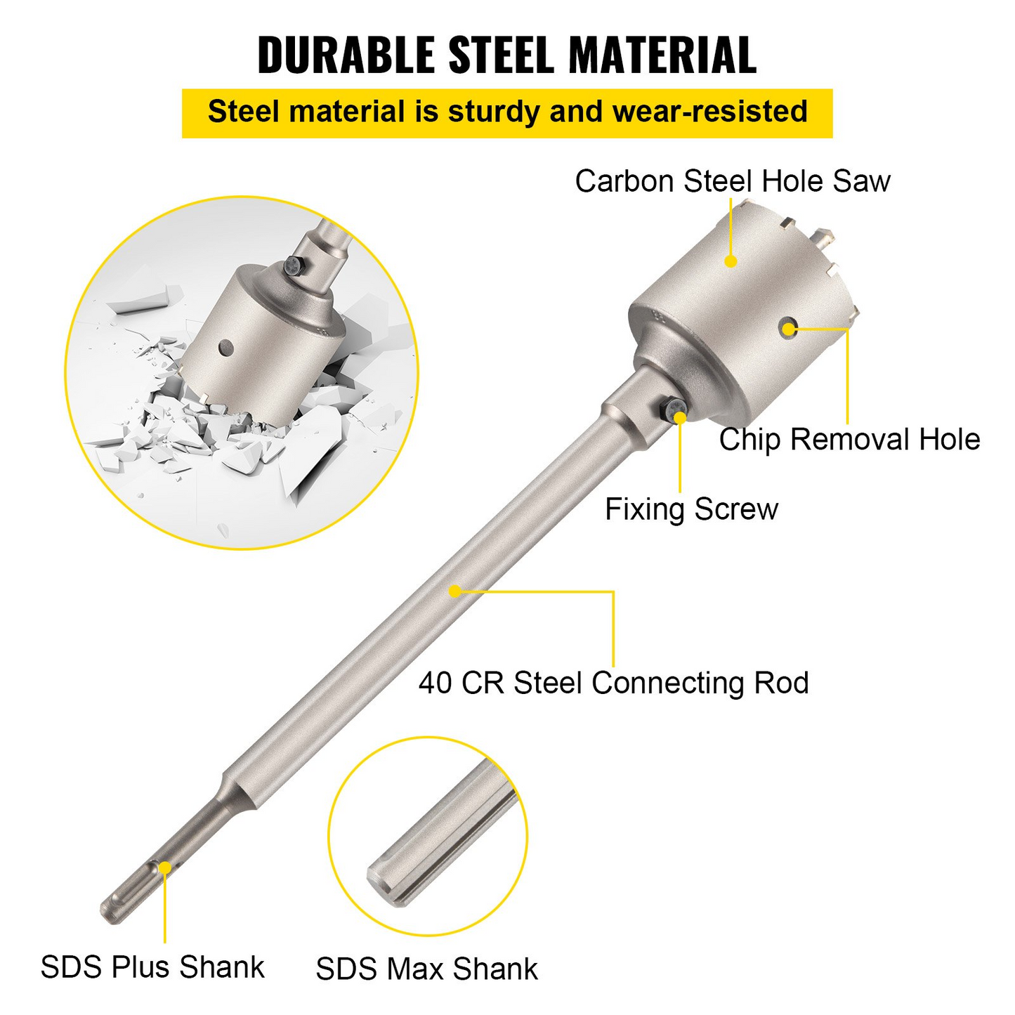 VEVOR Concrete Hole Saw Kit, 30/40/65/80/100mm Drill Bit Set SDS Plus or SDS Max Shank Wall Hole Cutter with 11.8"/300 mm Connecting Rod for Brick, Concrete, Cement, Stone Wall, Masonry, Tile