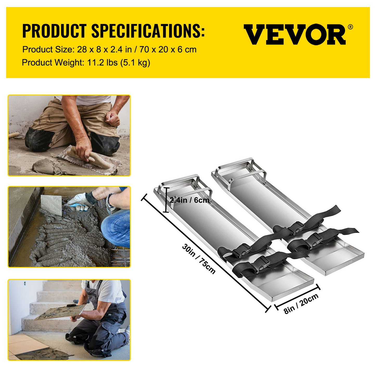 VEVOR Concrete Knee Boards Stainless Steel Knee Sliders 30" x 8" Pair w/ Straps