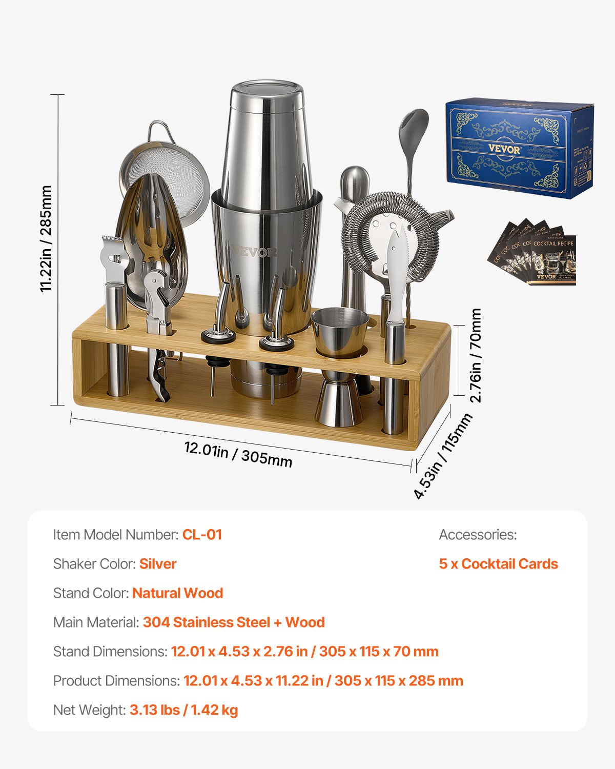VEVOR Cocktail Shaker Set 13 Pcs Bartender Kit Stainless Steel Bar Tools Silver