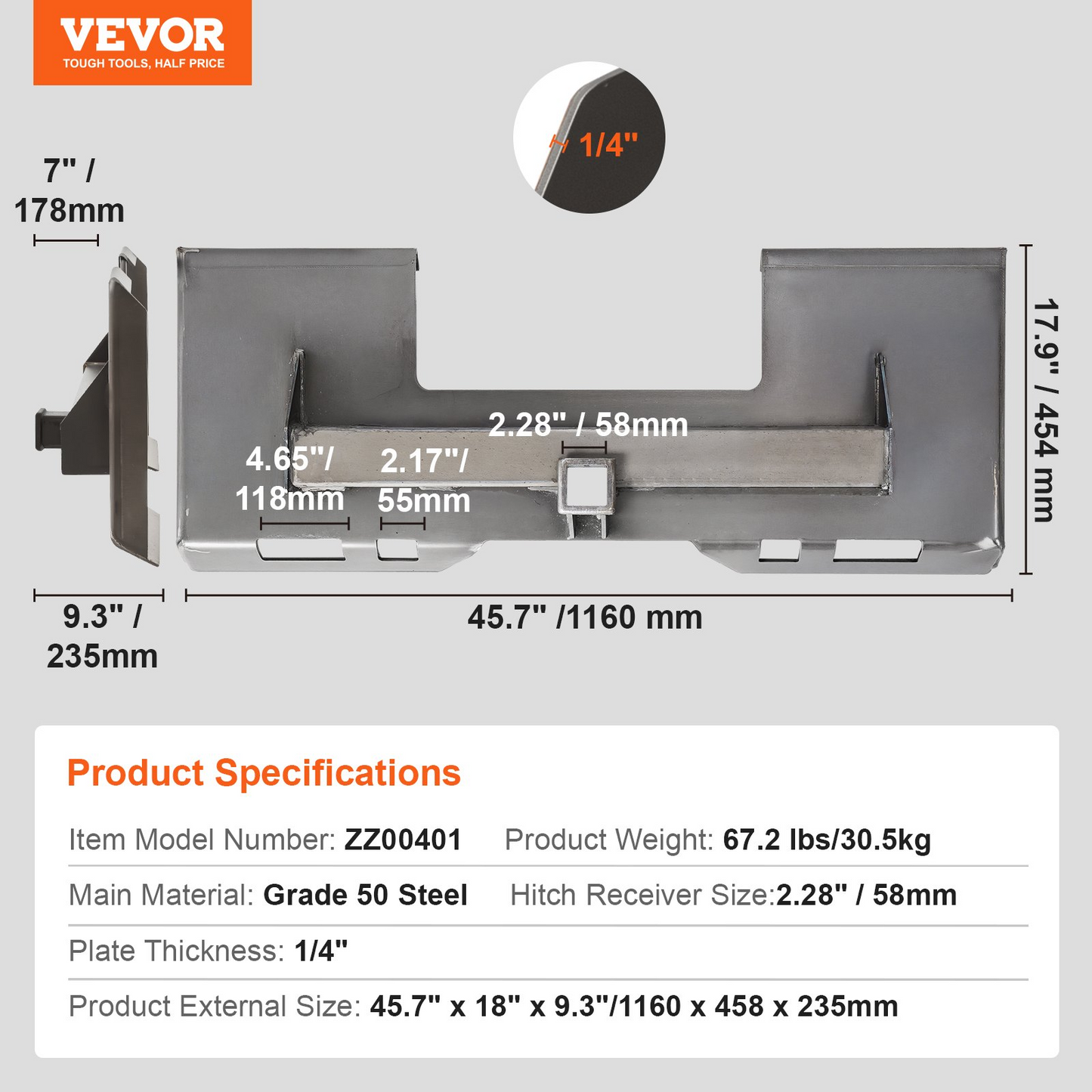 VEVOR 1/4" Skid Steer Attachment Plate Quick Attachment with 2.28" Receiver