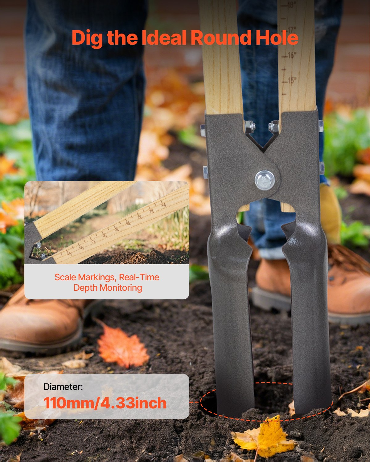 VEVOR Post Hole Digger with Wood Handle and Scale Markings 57.5" Hole Digger