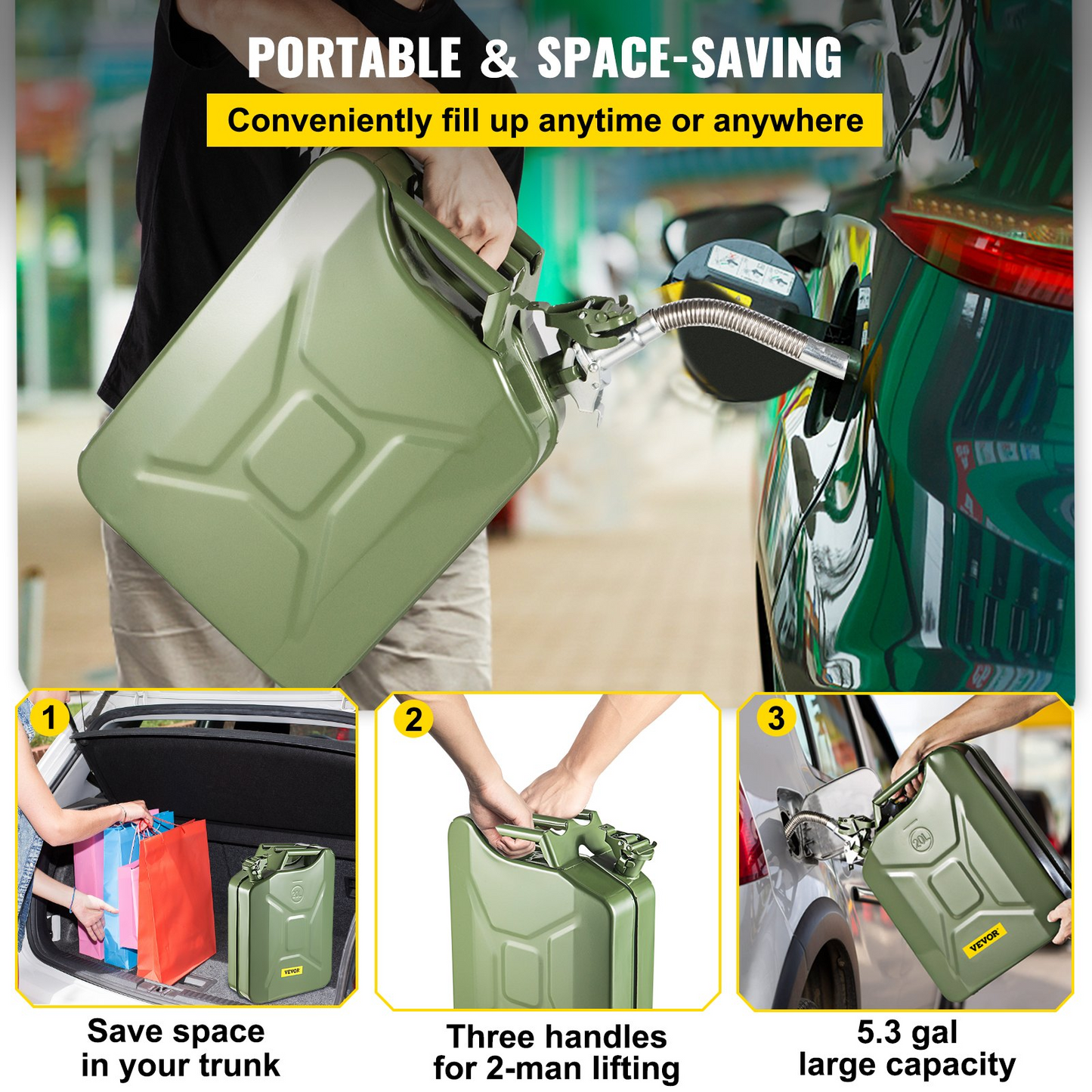 VEVOR Oil Can 5.3 Gal / 20L Fuel Can with Flexible Spout for Cars Green